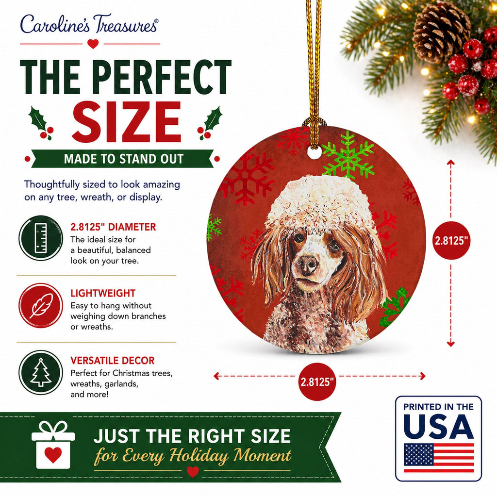 Red Miniature Poodle Red Snowflakes Holiday Ceramic Ornament Christmas Tree Hanging Decorations for Home Christmas Holiday, Party, Gift, 3 in, Multicolor