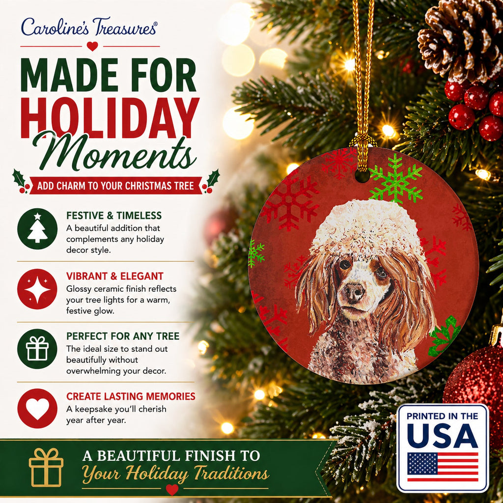 Red Miniature Poodle Red Snowflakes Holiday Ceramic Ornament Christmas Tree Hanging Decorations for Home Christmas Holiday, Party, Gift, 3 in, Multicolor