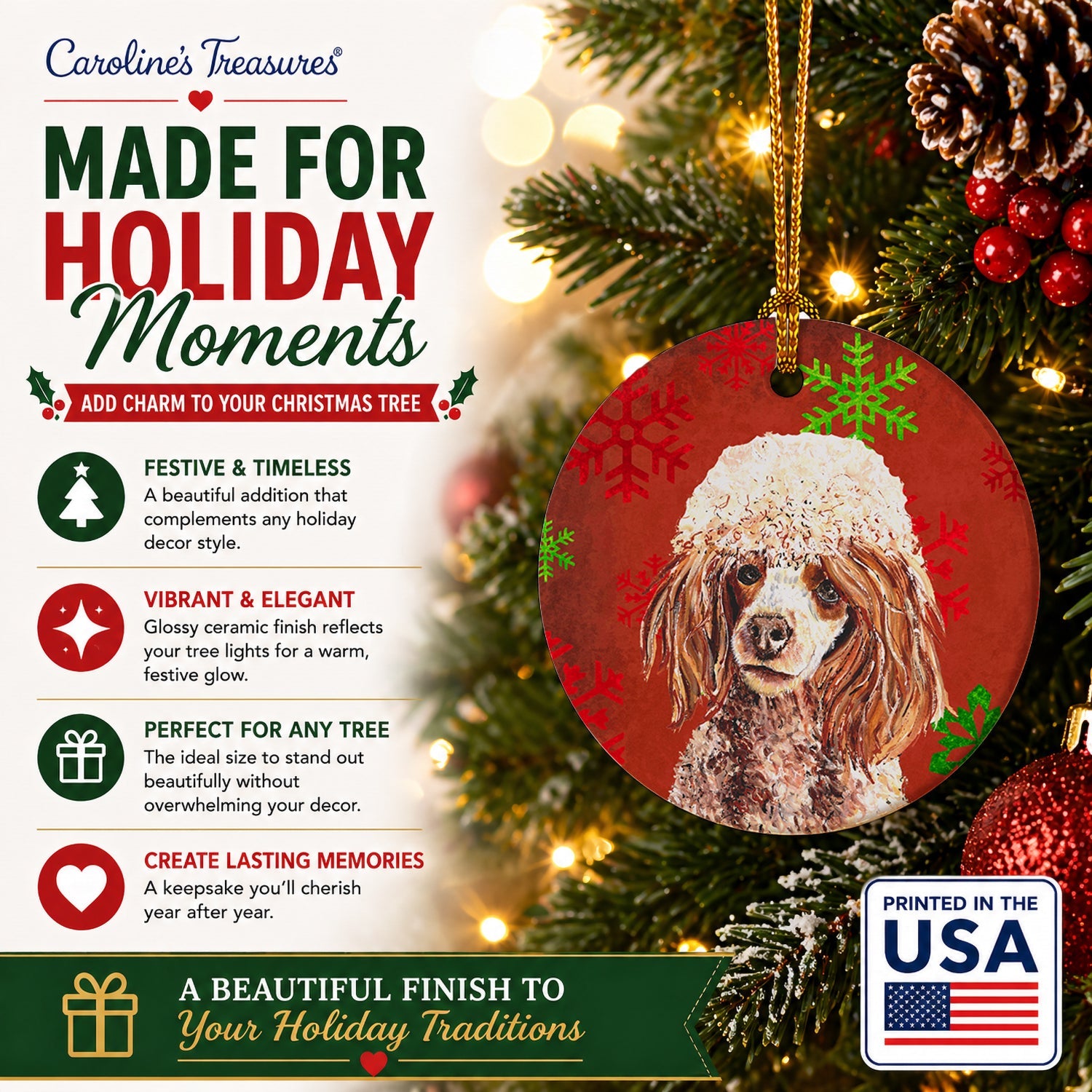 Red Miniature Poodle Red Snowflakes Holiday Ceramic Ornament Christmas Tree Hanging Decorations for Home Christmas Holiday, Party, Gift, 3 in, Multicolor