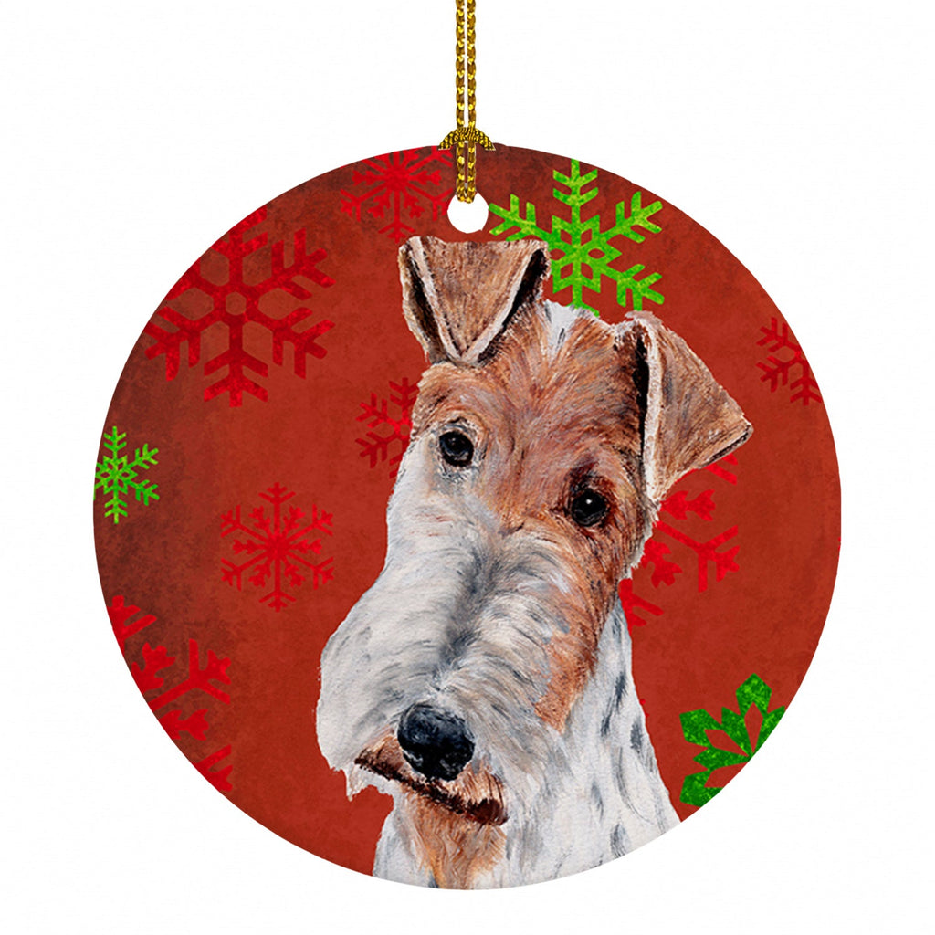 Wire Fox Terrier Red Snowflakes Holiday Ceramic Ornament Christmas Tree Hanging Decorations for Home Christmas Holiday, Party, Gift, 3 in, Multicolor