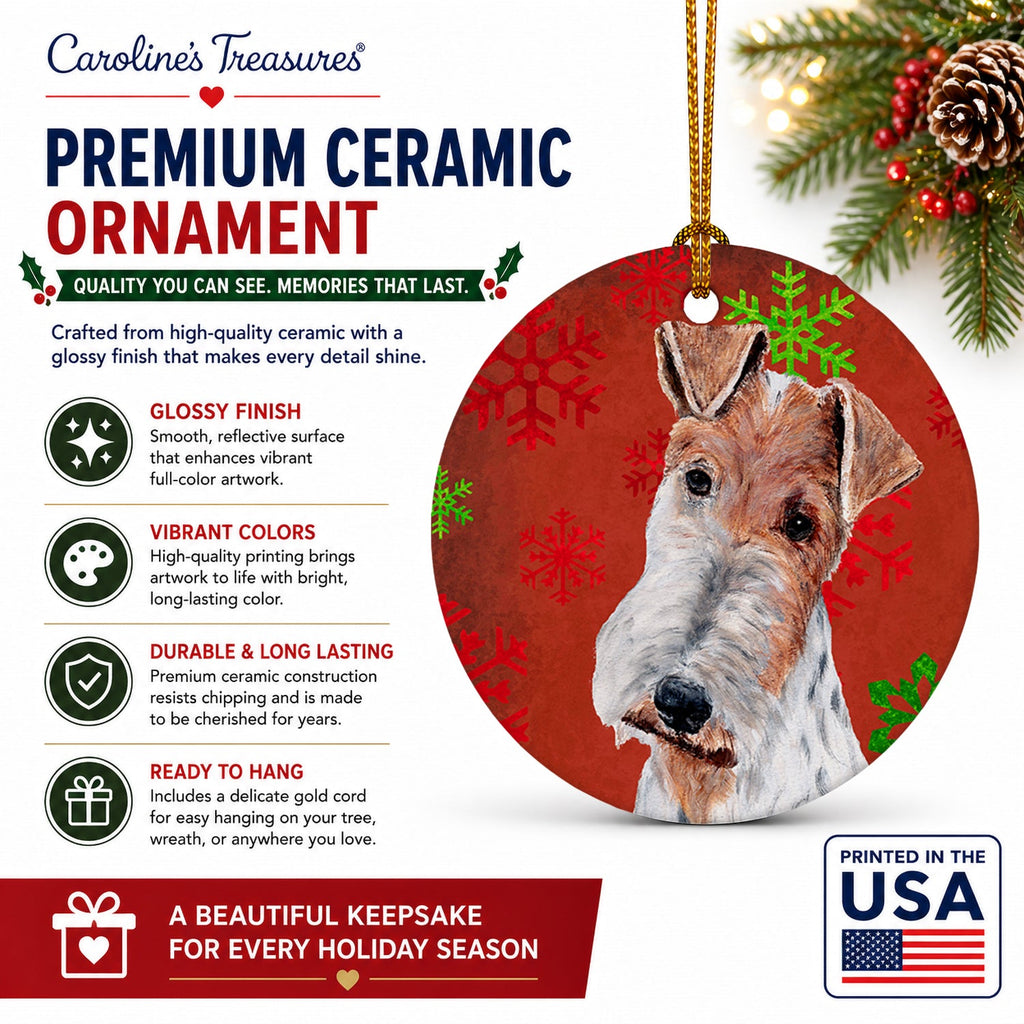 Wire Fox Terrier Red Snowflakes Holiday Ceramic Ornament Christmas Tree Hanging Decorations for Home Christmas Holiday, Party, Gift, 3 in, Multicolor