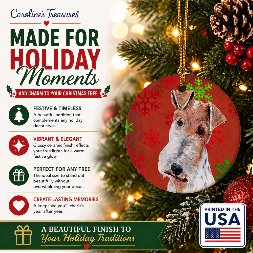 Wire Fox Terrier Red Snowflakes Holiday Ceramic Ornament Christmas Tree Hanging Decorations for Home Christmas Holiday, Party, Gift, 3 in, Multicolor