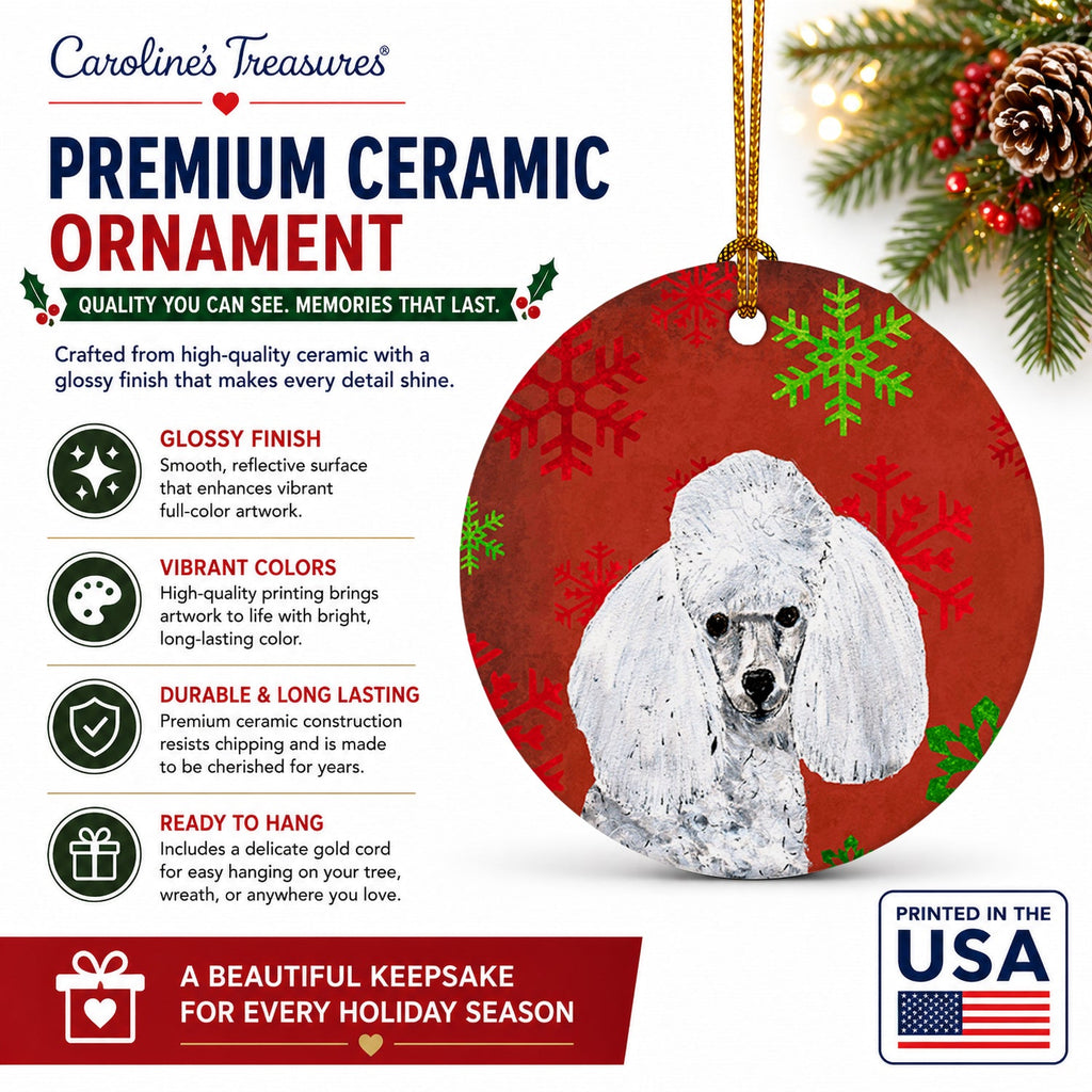 White Toy Poodle Red Snowflakes Holiday Ceramic Ornament Christmas Tree Hanging Decorations for Home Christmas Holiday, Party, Gift, 3 in, Multicolor