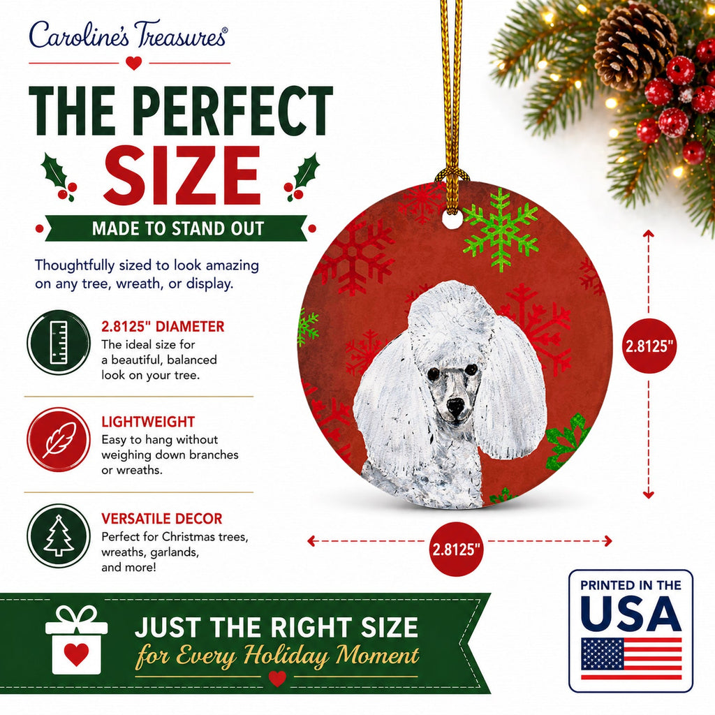 White Toy Poodle Red Snowflakes Holiday Ceramic Ornament Christmas Tree Hanging Decorations for Home Christmas Holiday, Party, Gift, 3 in, Multicolor