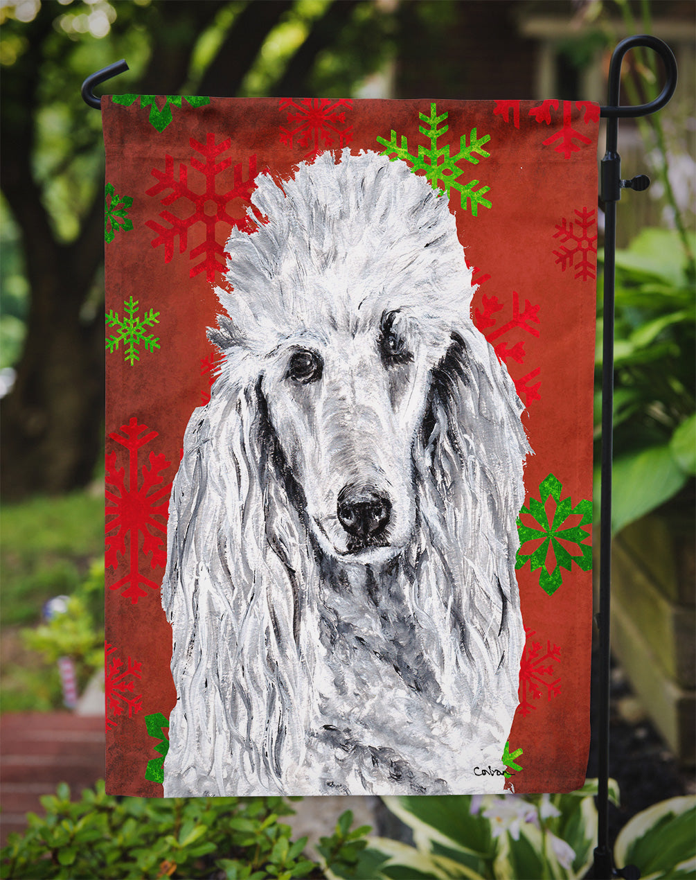 White Standard Poodle Red Snowflakes Holiday Garden Flag Mailbox Decorative Yard Banner Outside Patio Artwork for Flower Beds, Garden Size, Multicolor