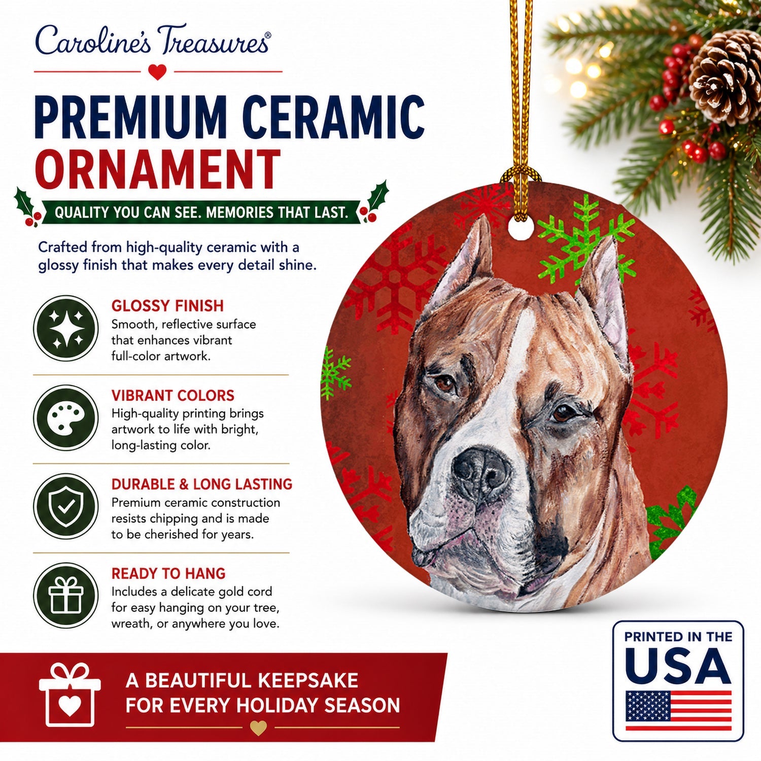 Staffordshire Bull Terrier Staffie Red Snowflakes Holiday Ceramic Ornament Christmas Tree Hanging Decorations for Home Christmas Holiday, Party, Gift, 3 in, Multicolor