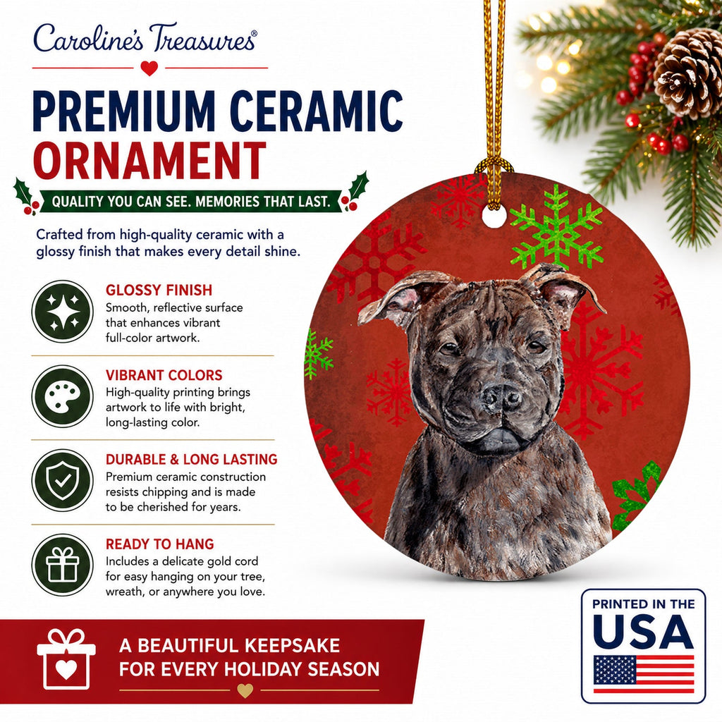 Staffordshire Bull Terrier Staffie Red Snowflakes Holiday Ceramic Ornament Christmas Tree Hanging Decorations for Home Christmas Holiday, Party, Gift, 3 in, Multicolor