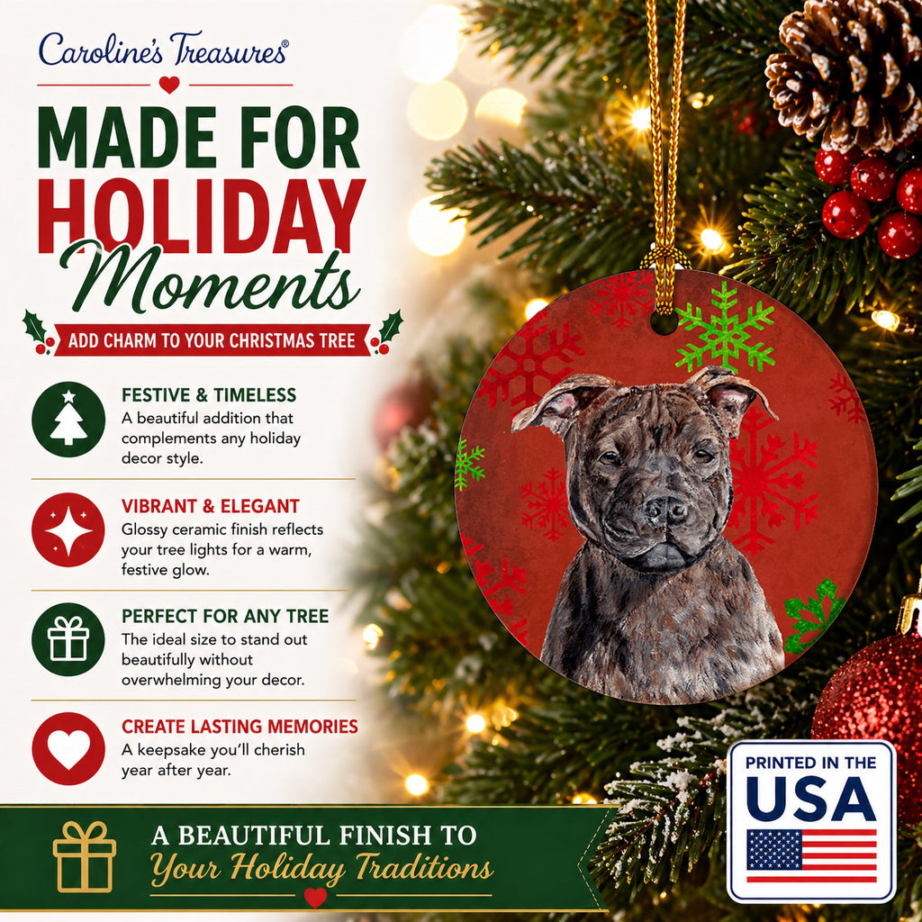 Staffordshire Bull Terrier Staffie Red Snowflakes Holiday Ceramic Ornament Christmas Tree Hanging Decorations for Home Christmas Holiday, Party, Gift, 3 in, Multicolor