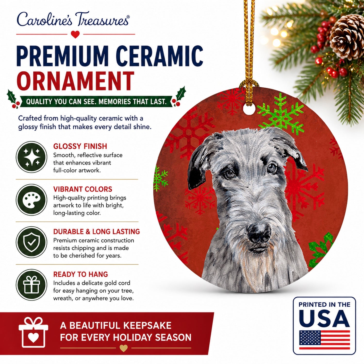 Scottish Deerhound Red Snowflakes Holiday Ceramic Ornament Christmas Tree Hanging Decorations for Home Christmas Holiday, Party, Gift, 3 in, Multicolor