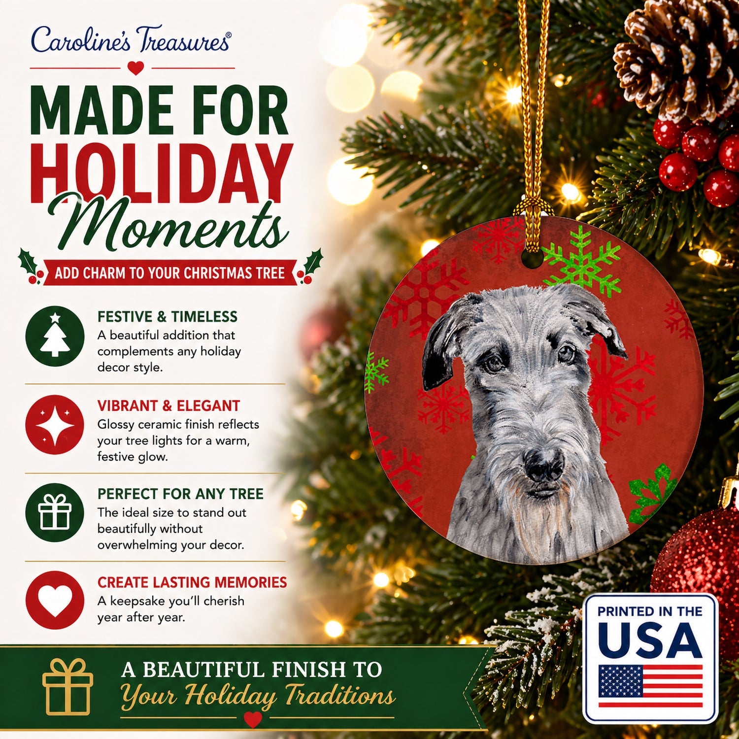 Scottish Deerhound Red Snowflakes Holiday Ceramic Ornament Christmas Tree Hanging Decorations for Home Christmas Holiday, Party, Gift, 3 in, Multicolor