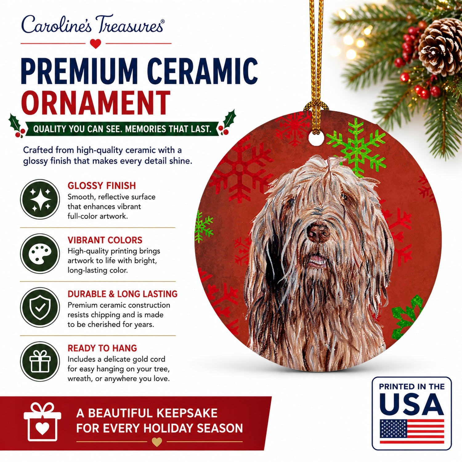 Otterhound Red Snowflakes Holiday Ceramic Ornament Christmas Tree Hanging Decorations for Home Christmas Holiday, Party, Gift, 3 in, Multicolor