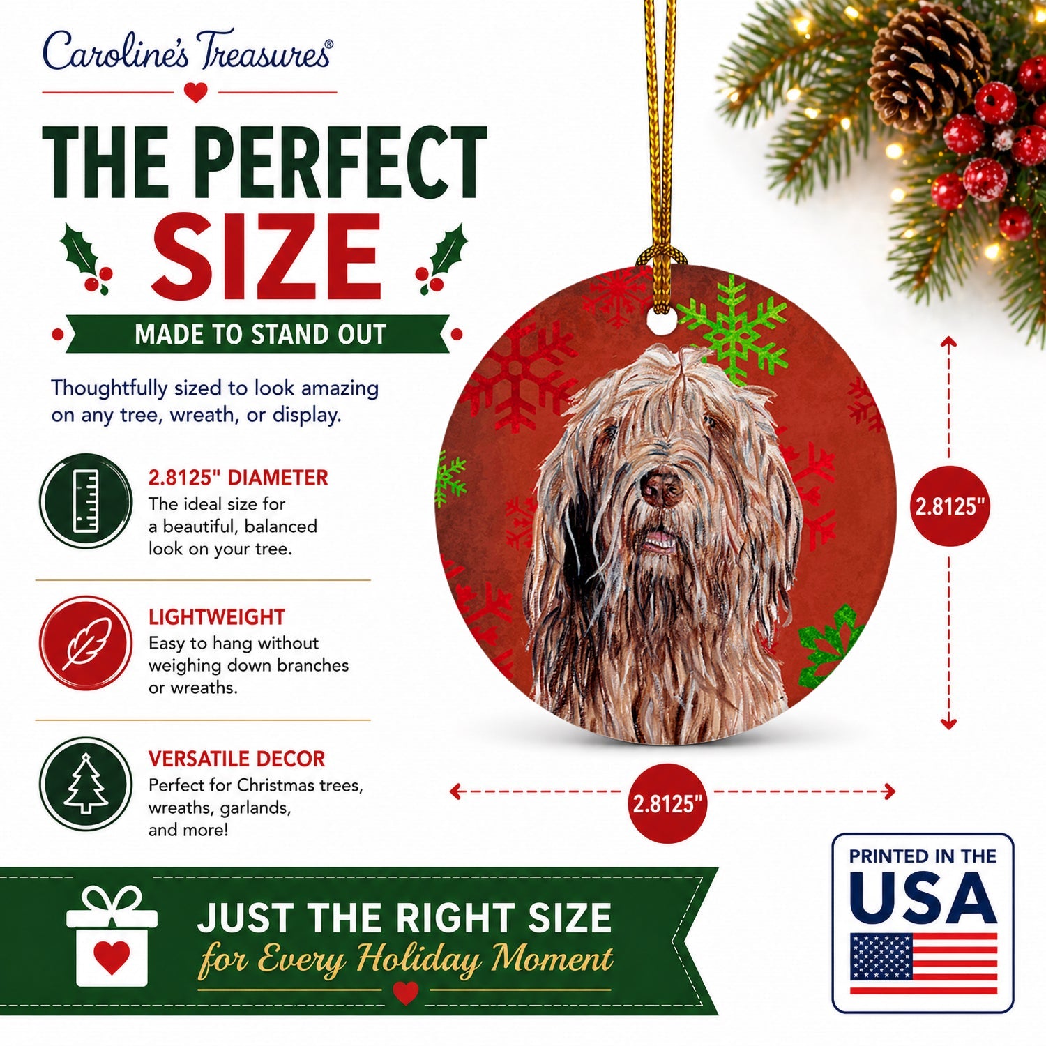 Otterhound Red Snowflakes Holiday Ceramic Ornament Christmas Tree Hanging Decorations for Home Christmas Holiday, Party, Gift, 3 in, Multicolor