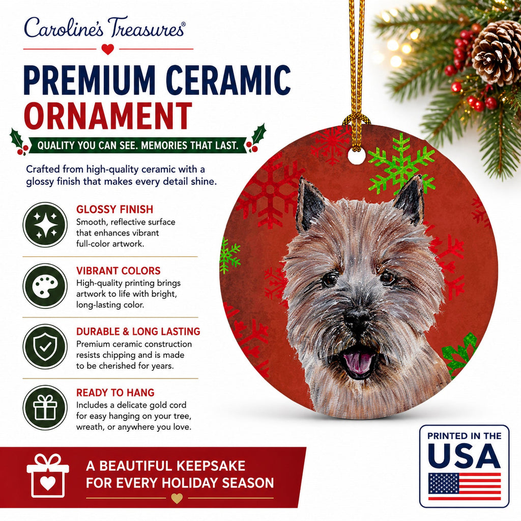 Norwich Terrier Red Snowflakes Holiday Ceramic Ornament Christmas Tree Hanging Decorations for Home Christmas Holiday, Party, Gift, 3 in, Multicolor