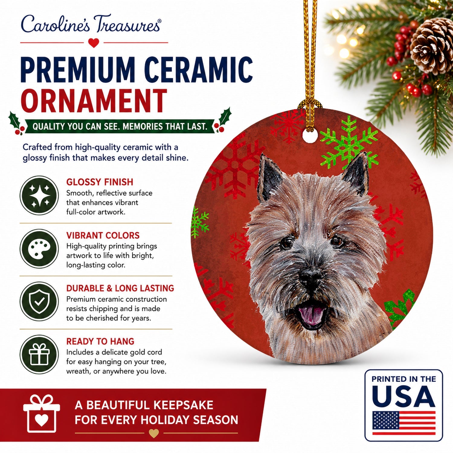 Norwich Terrier Red Snowflakes Holiday Ceramic Ornament Christmas Tree Hanging Decorations for Home Christmas Holiday, Party, Gift, 3 in, Multicolor