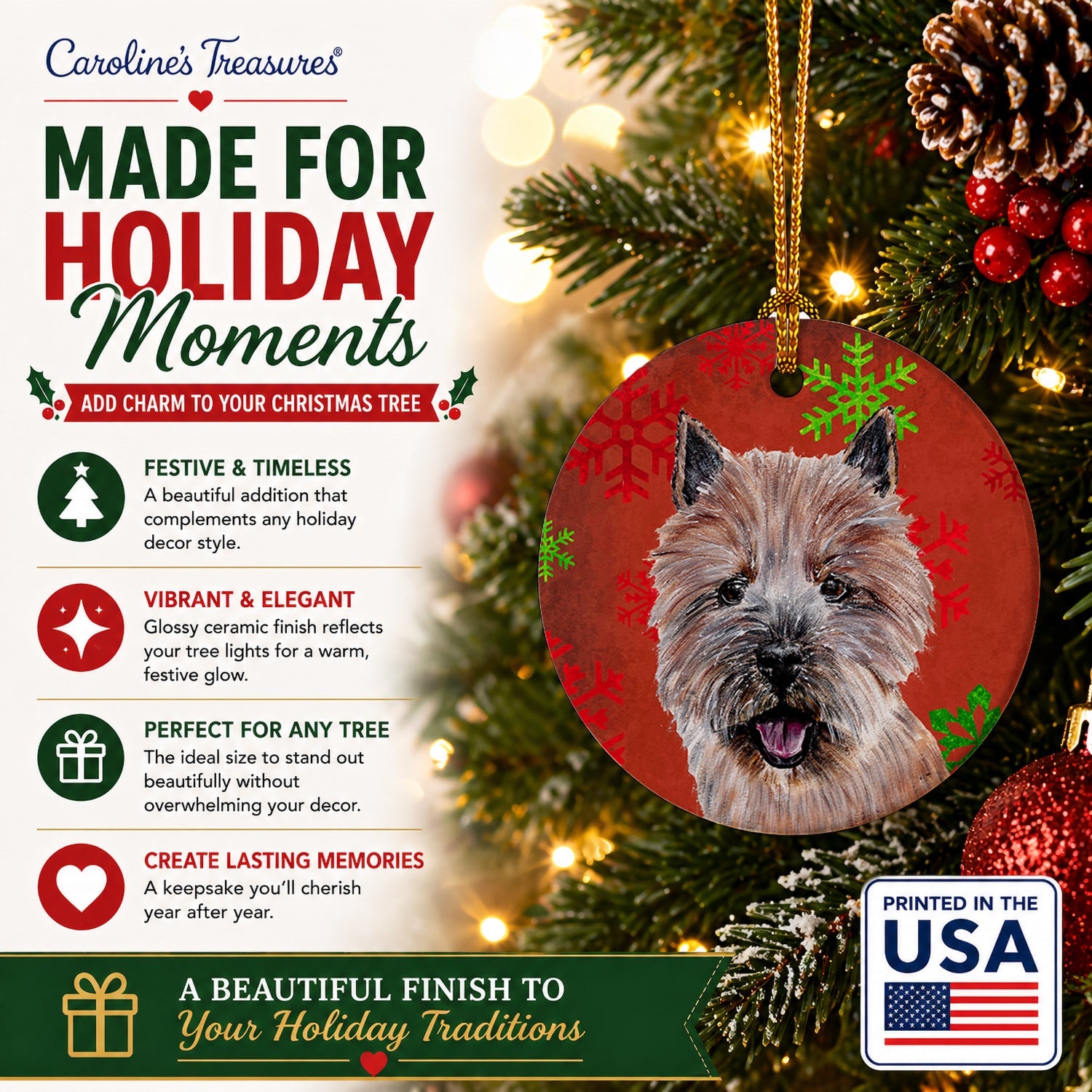 Norwich Terrier Red Snowflakes Holiday Ceramic Ornament Christmas Tree Hanging Decorations for Home Christmas Holiday, Party, Gift, 3 in, Multicolor