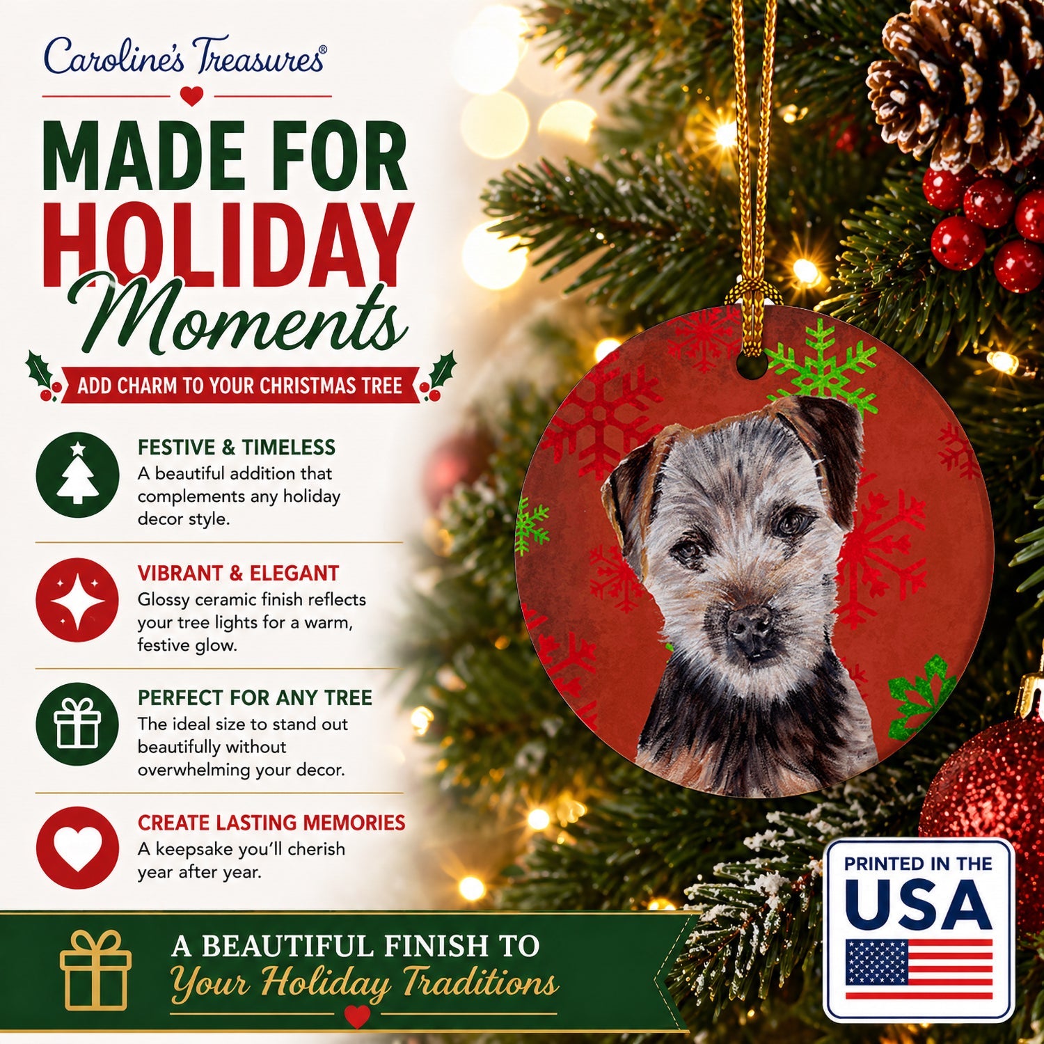 Norfolk Terrier Puppy Red Snowflakes Holiday Ceramic Ornament Christmas Tree Hanging Decorations for Home Christmas Holiday, Party, Gift, 3 in, Multicolor