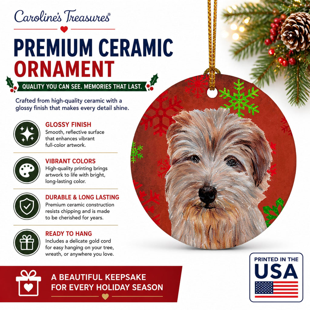 Norfolk Terrier Red Snowflakes Holiday Ceramic Ornament Christmas Tree Hanging Decorations for Home Christmas Holiday, Party, Gift, 3 in, Multicolor