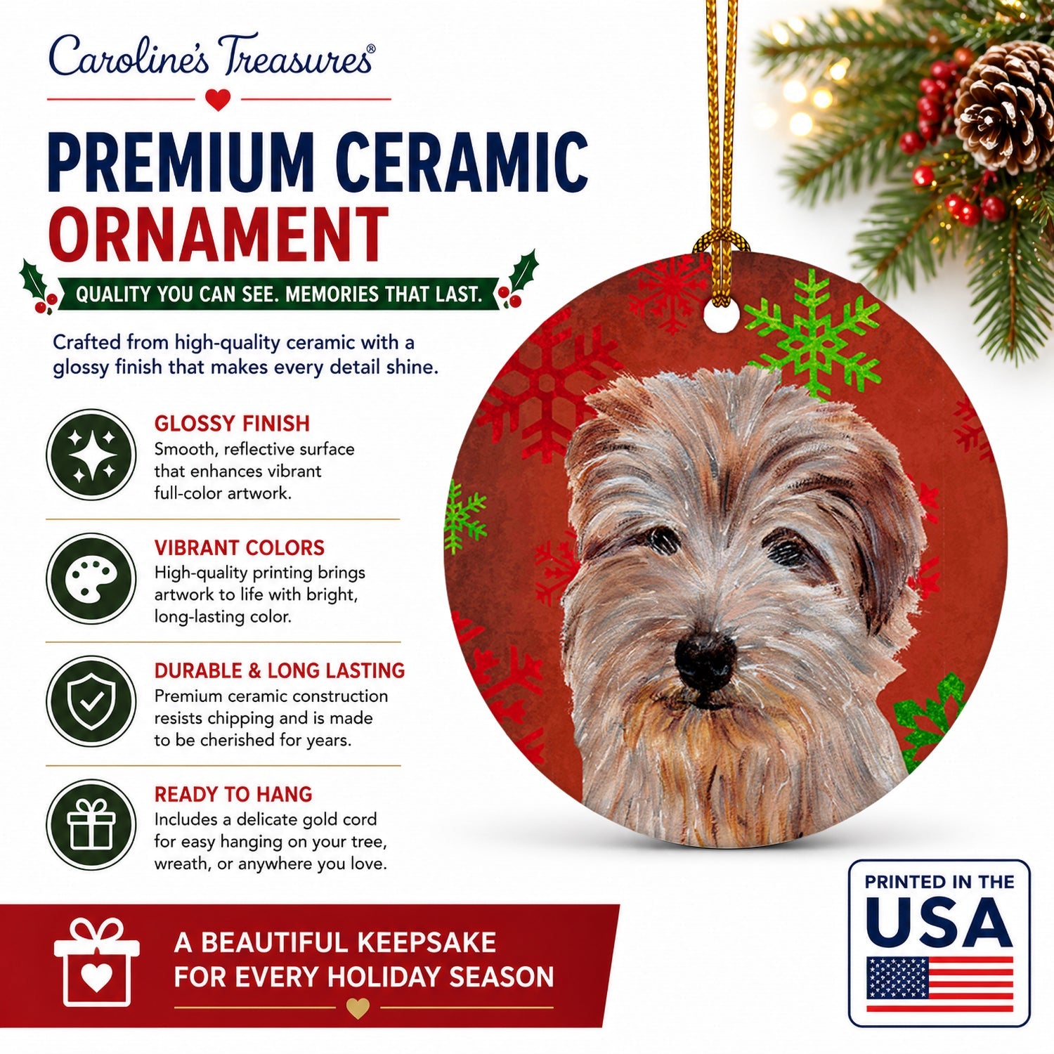 Norfolk Terrier Red Snowflakes Holiday Ceramic Ornament Christmas Tree Hanging Decorations for Home Christmas Holiday, Party, Gift, 3 in, Multicolor