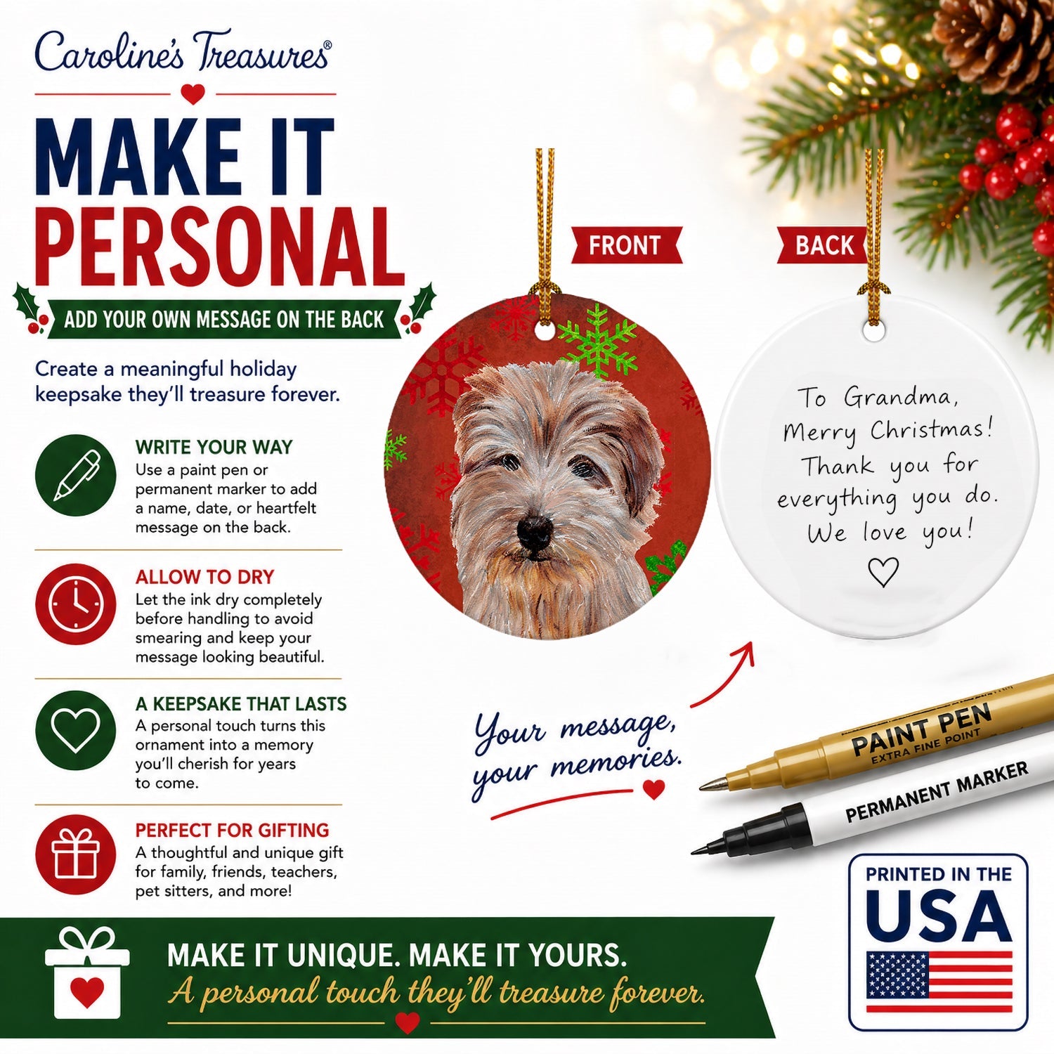 Norfolk Terrier Red Snowflakes Holiday Ceramic Ornament Christmas Tree Hanging Decorations for Home Christmas Holiday, Party, Gift, 3 in, Multicolor