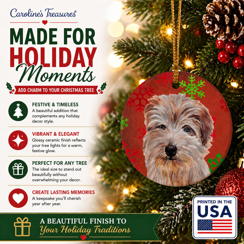 Norfolk Terrier Red Snowflakes Holiday Ceramic Ornament Christmas Tree Hanging Decorations for Home Christmas Holiday, Party, Gift, 3 in, Multicolor