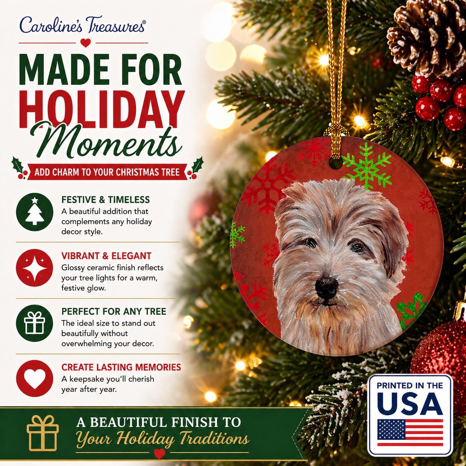 Norfolk Terrier Red Snowflakes Holiday Ceramic Ornament Christmas Tree Hanging Decorations for Home Christmas Holiday, Party, Gift, 3 in, Multicolor