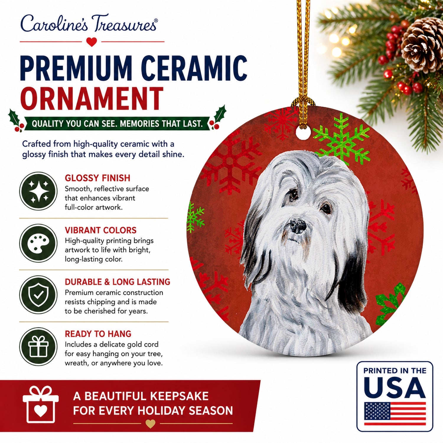 Havanese Red Snowflakes Holiday Ceramic Ornament Christmas Tree Hanging Decorations for Home Christmas Holiday, Party, Gift, 3 in, Multicolor