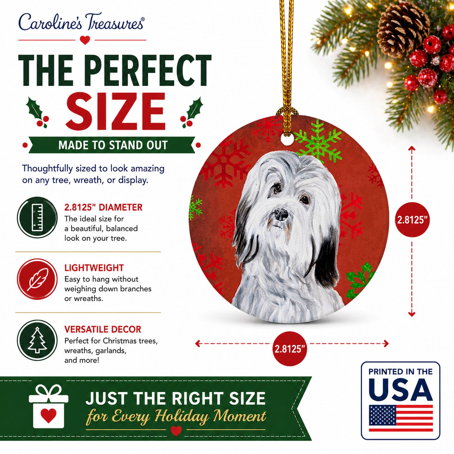 Havanese Red Snowflakes Holiday Ceramic Ornament Christmas Tree Hanging Decorations for Home Christmas Holiday, Party, Gift, 3 in, Multicolor
