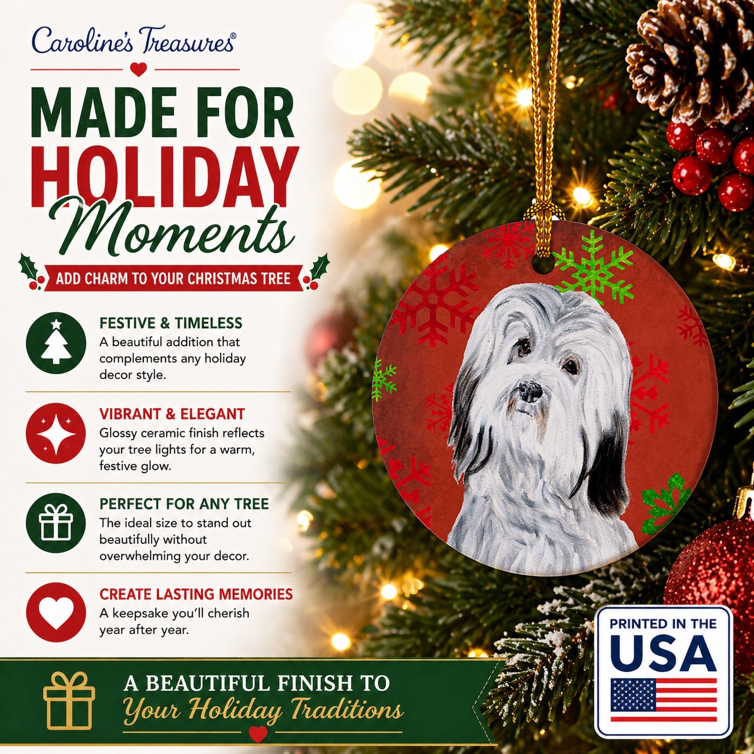 Havanese Red Snowflakes Holiday Ceramic Ornament Christmas Tree Hanging Decorations for Home Christmas Holiday, Party, Gift, 3 in, Multicolor