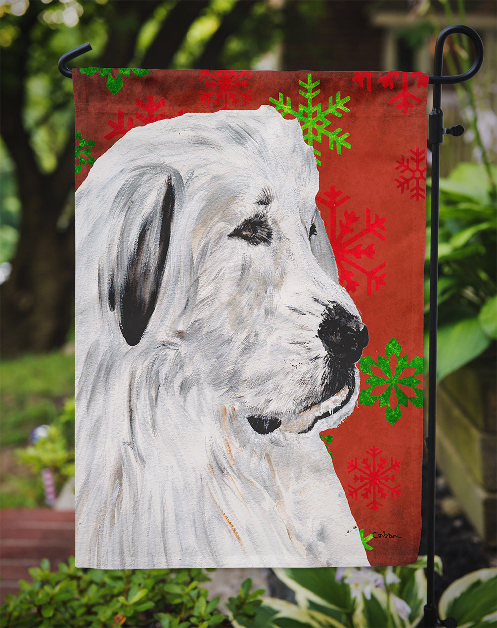 Great Pyrenees Red Snowflakes Holiday Garden Flag Mailbox Decorative Yard Banner Outside Patio Artwork for Flower Beds, Garden Size, Multicolor
