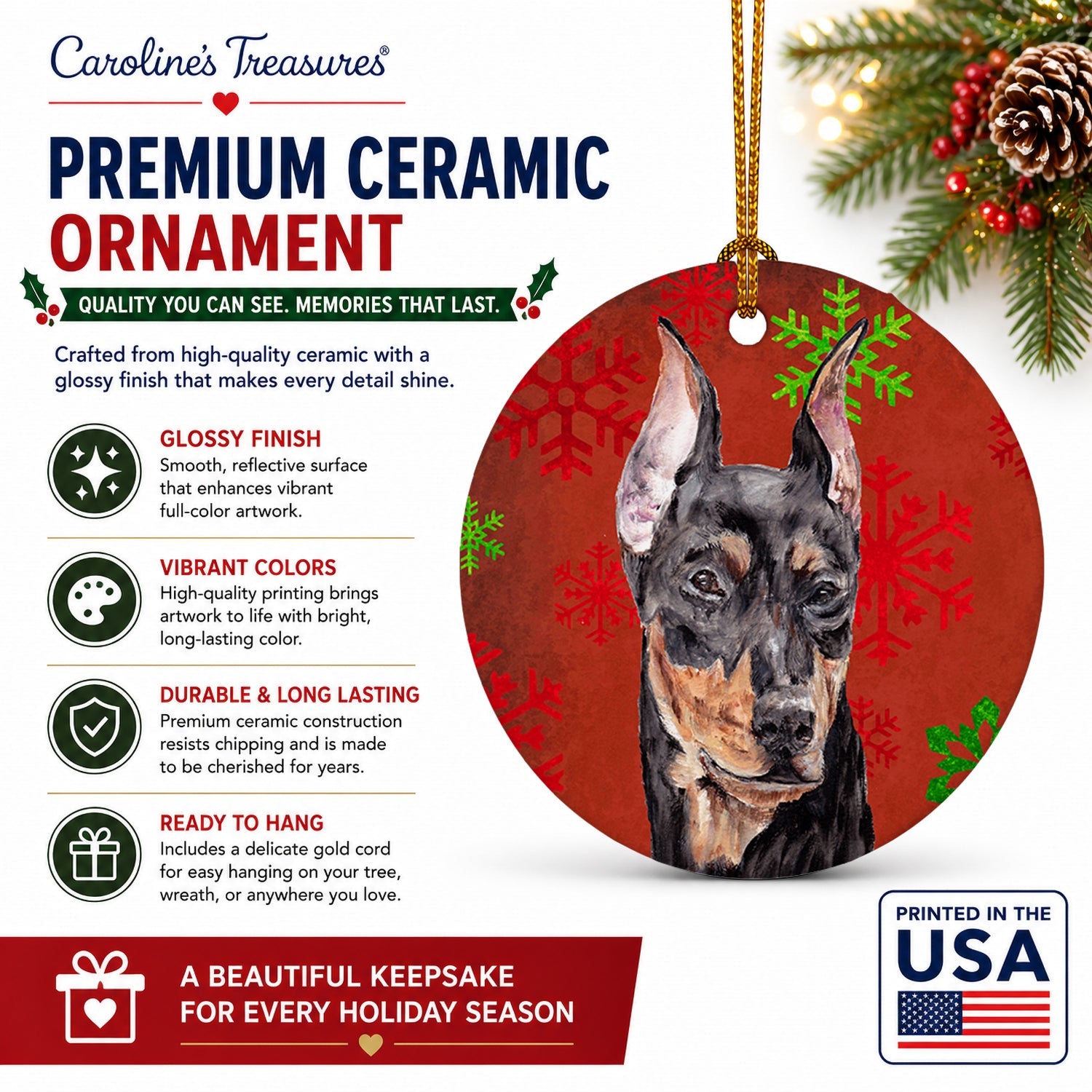 German Pinscher Red Snowflakes Holiday Ceramic Ornament Christmas Tree Hanging Decorations for Home Christmas Holiday, Party, Gift, 3 in, Multicolor
