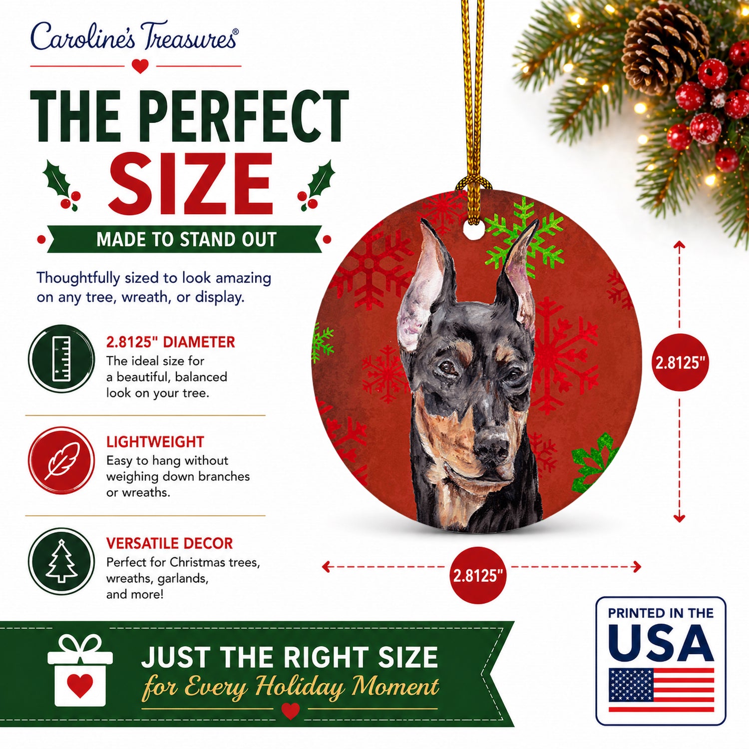 German Pinscher Red Snowflakes Holiday Ceramic Ornament Christmas Tree Hanging Decorations for Home Christmas Holiday, Party, Gift, 3 in, Multicolor