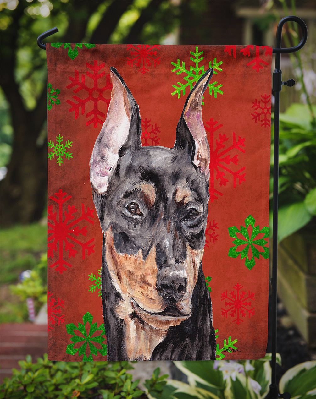 German Pinscher Red Snowflakes Holiday Garden Flag Mailbox Decorative Yard Banner Outside Patio Artwork for Flower Beds, Garden Size, Multicolor