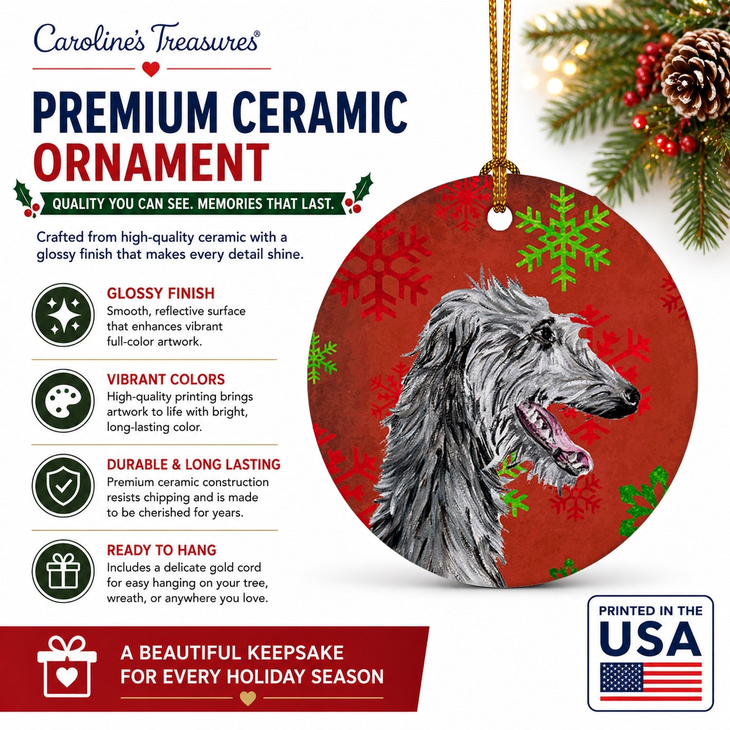 Scottish Deerhound Red Snowflakes Holiday Ceramic Ornament Christmas Tree Hanging Decorations for Home Christmas Holiday, Party, Gift, 3 in, Multicolor