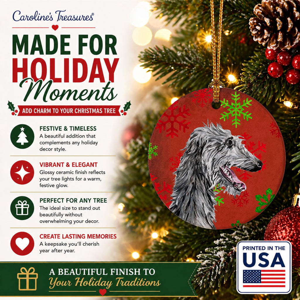 Scottish Deerhound Red Snowflakes Holiday Ceramic Ornament Christmas Tree Hanging Decorations for Home Christmas Holiday, Party, Gift, 3 in, Multicolor