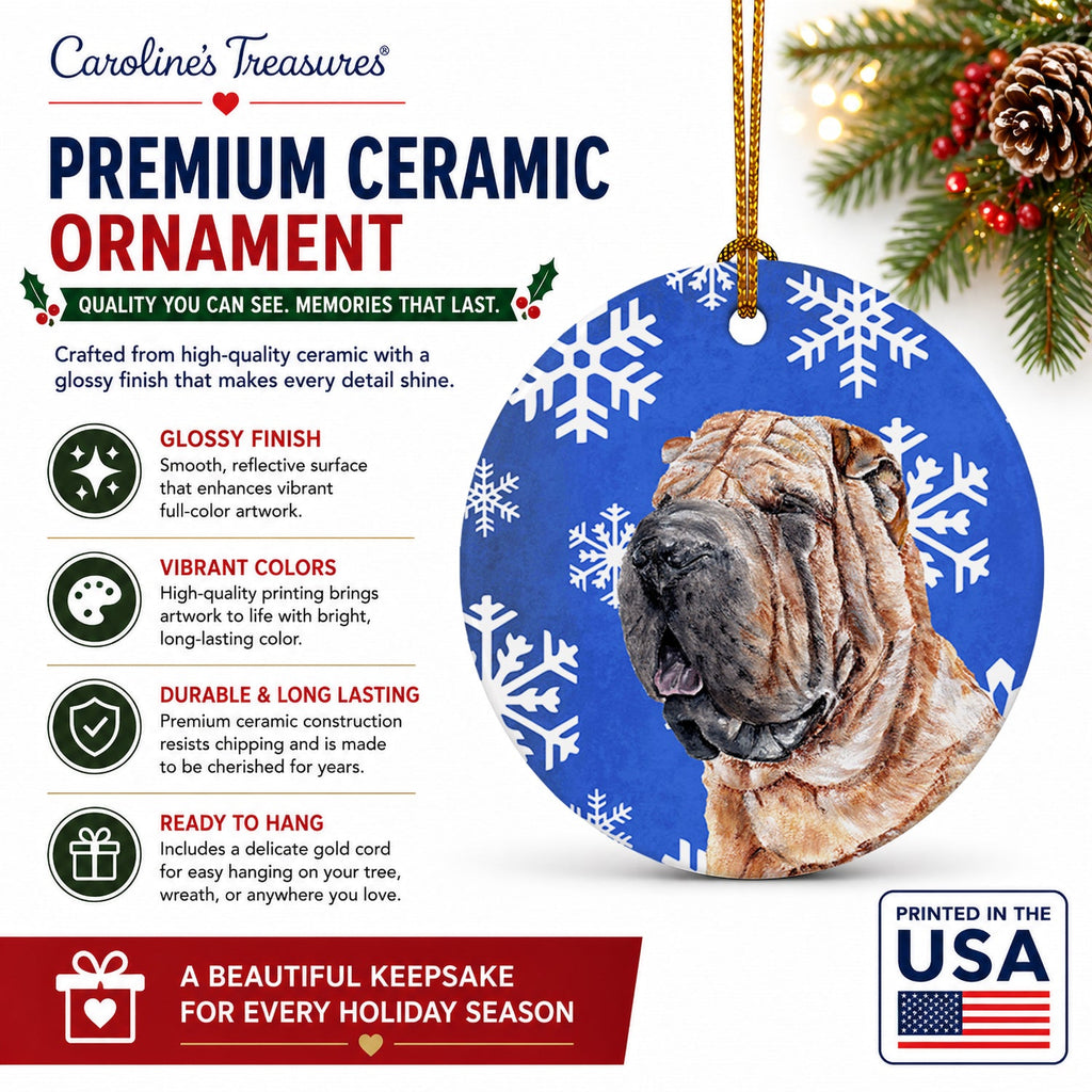 Shar Pei Winter Snowflakes Ceramic Ornament Christmas Tree Hanging Decorations for Home Christmas Holiday, Party, Gift, 3 in, Multicolor