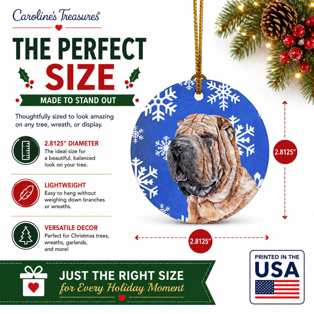 Shar Pei Winter Snowflakes Ceramic Ornament Christmas Tree Hanging Decorations for Home Christmas Holiday, Party, Gift, 3 in, Multicolor