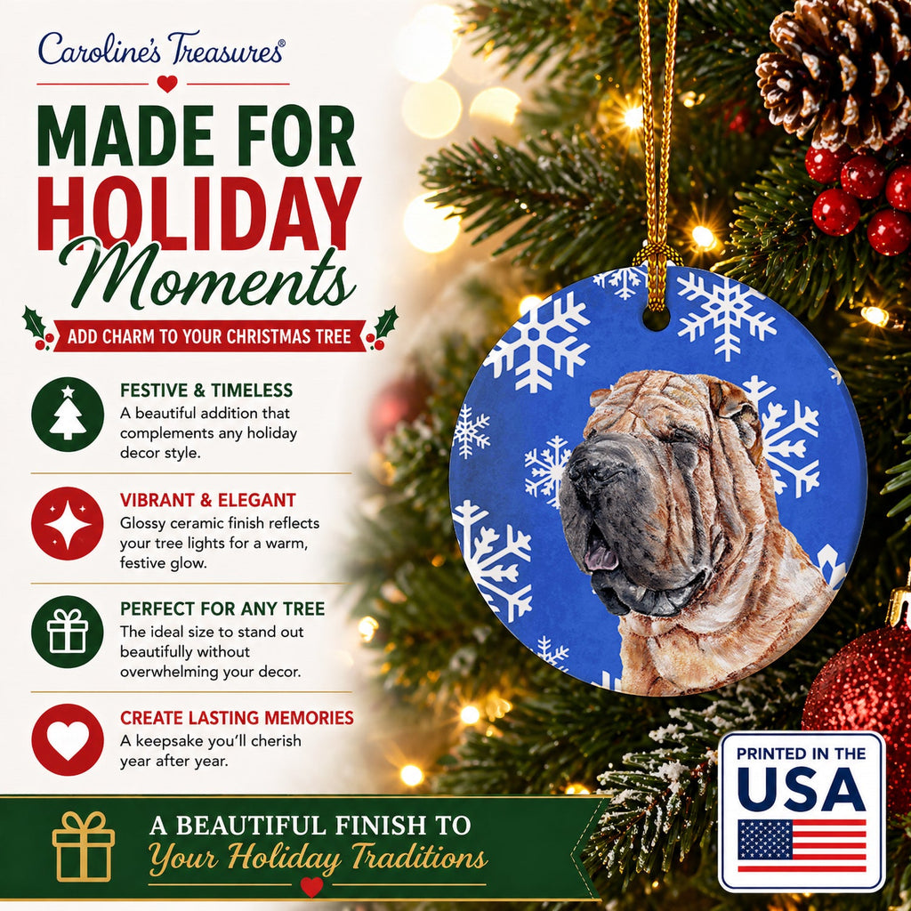 Shar Pei Winter Snowflakes Ceramic Ornament Christmas Tree Hanging Decorations for Home Christmas Holiday, Party, Gift, 3 in, Multicolor