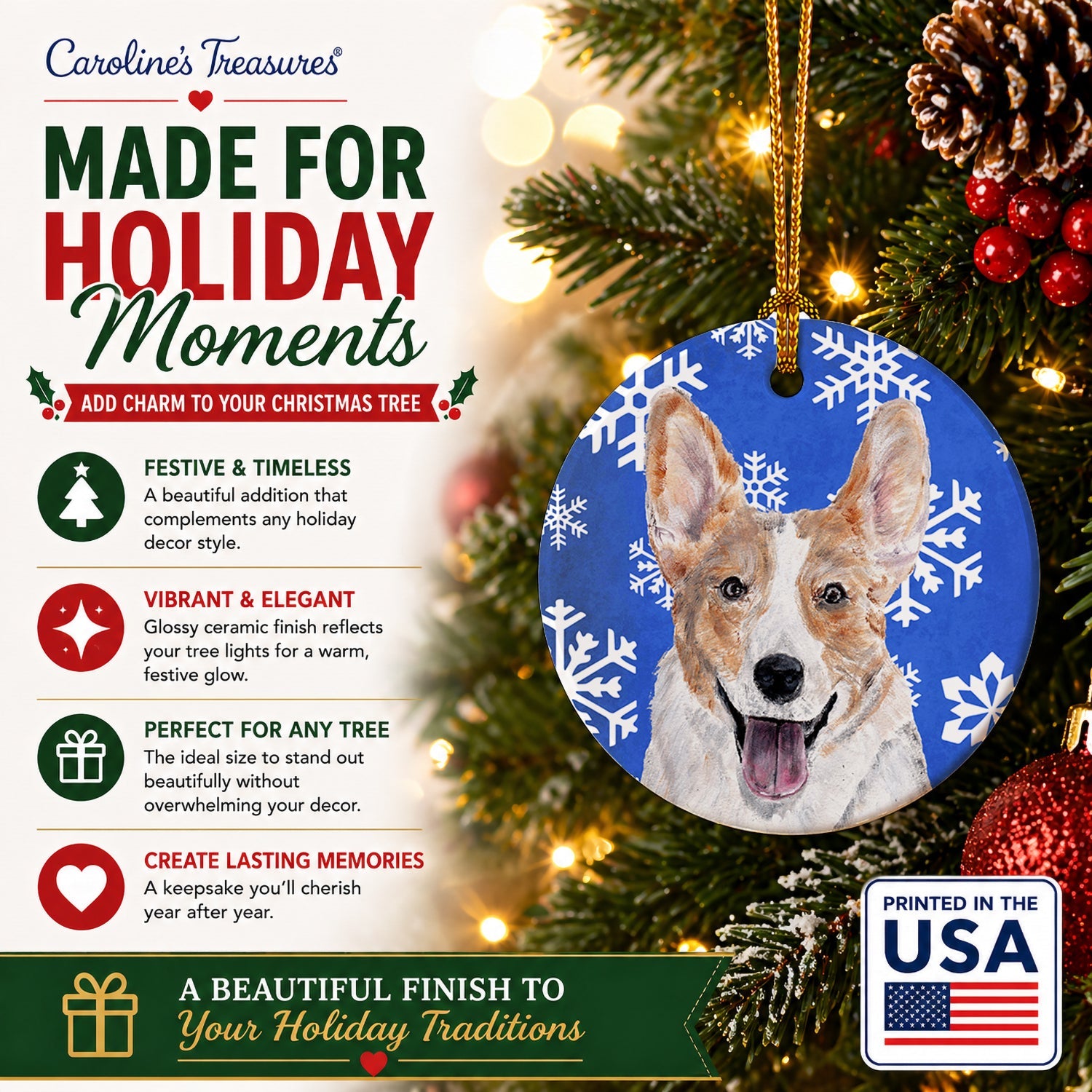 Cardigan Corgi Winter Snowflakes Ceramic Ornament Christmas Tree Hanging Decorations for Home Christmas Holiday, Party, Gift, 3 in, Multicolor