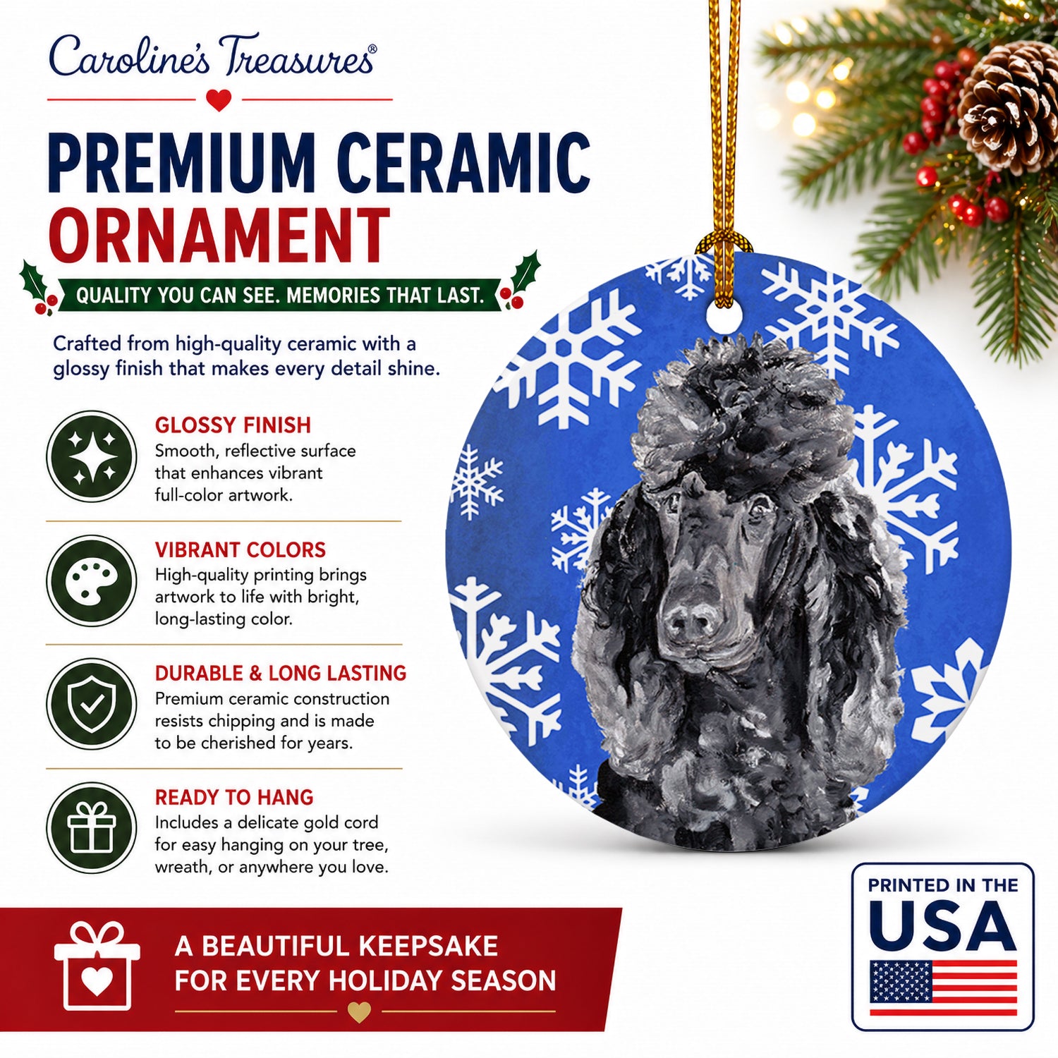 Black Standard Poodle Winter Snowflakes Ceramic Ornament Christmas Tree Hanging Decorations for Home Christmas Holiday, Party, Gift, 3 in, Multicolor