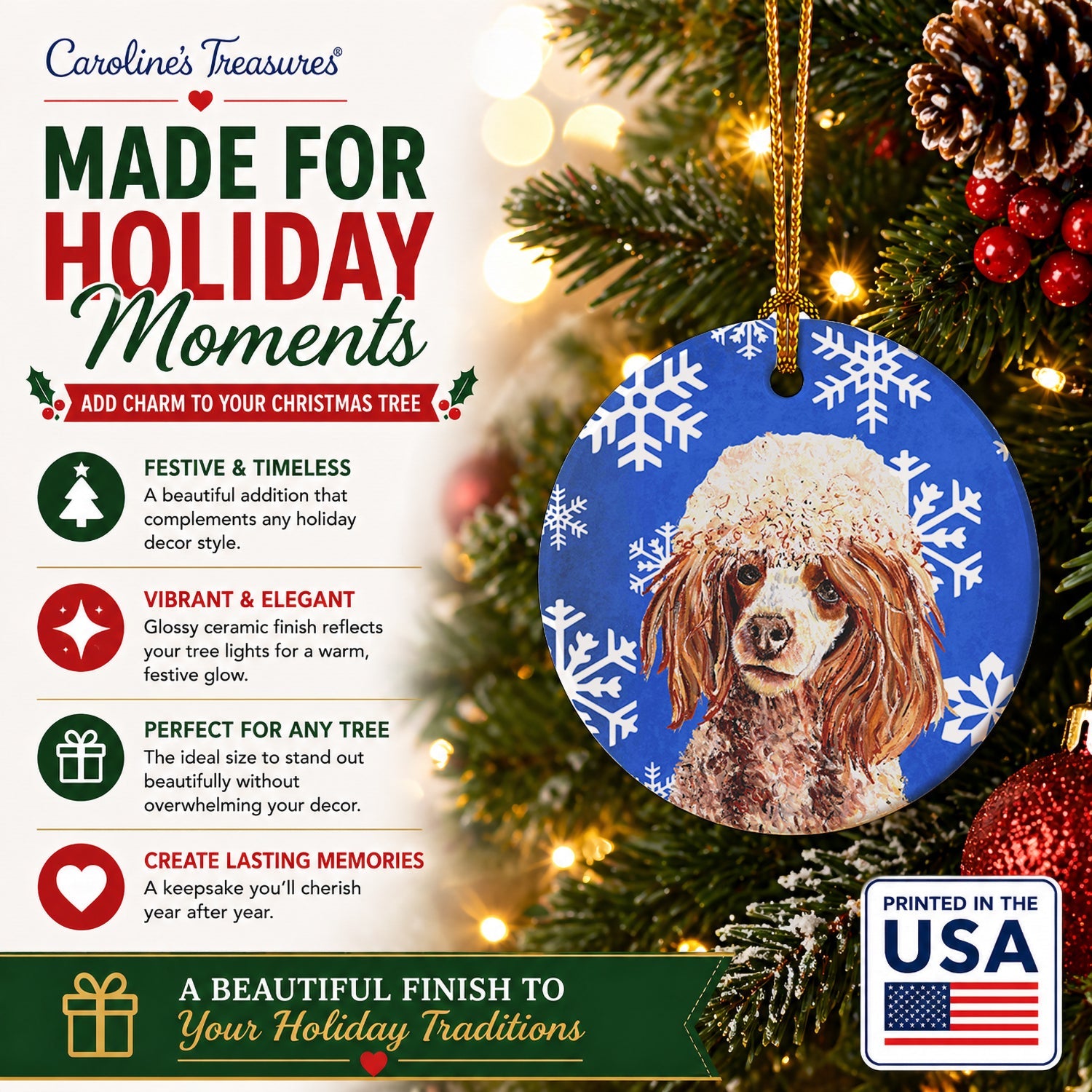 Red Miniature Poodle Winter Snowflakes Ceramic Ornament Christmas Tree Hanging Decorations for Home Christmas Holiday, Party, Gift, 3 in, Multicolor