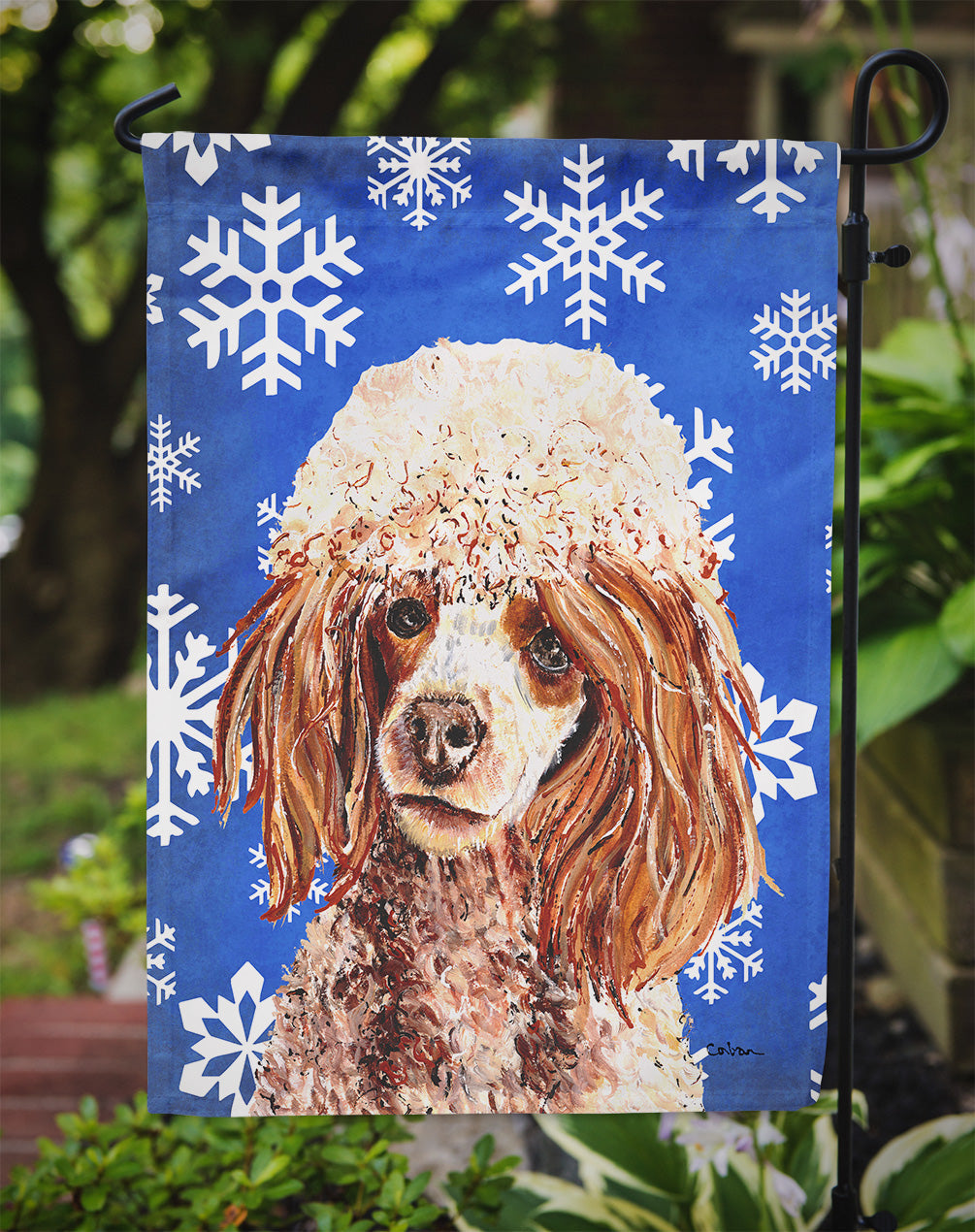 Red Miniature Poodle Winter Snowflakes Garden Flag Mailbox Decorative Yard Banner Outside Patio Artwork for Flower Beds, Garden Size, Multicolor