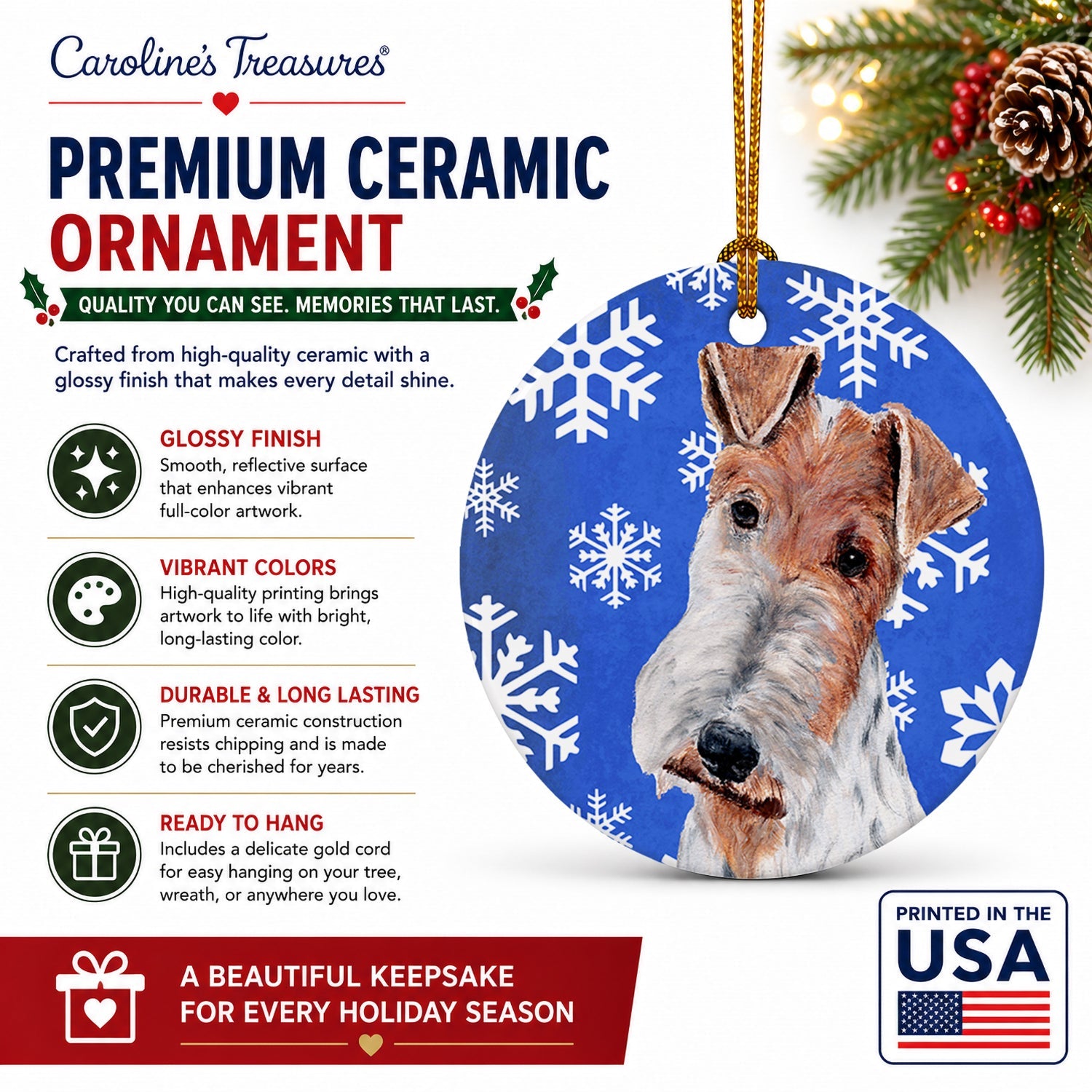 Wire Fox Terrier Winter Snowflakes Ceramic Ornament Christmas Tree Hanging Decorations for Home Christmas Holiday, Party, Gift, 3 in, Multicolor
