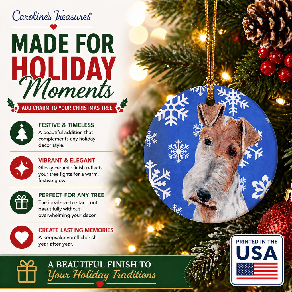 Wire Fox Terrier Winter Snowflakes Ceramic Ornament Christmas Tree Hanging Decorations for Home Christmas Holiday, Party, Gift, 3 in, Multicolor
