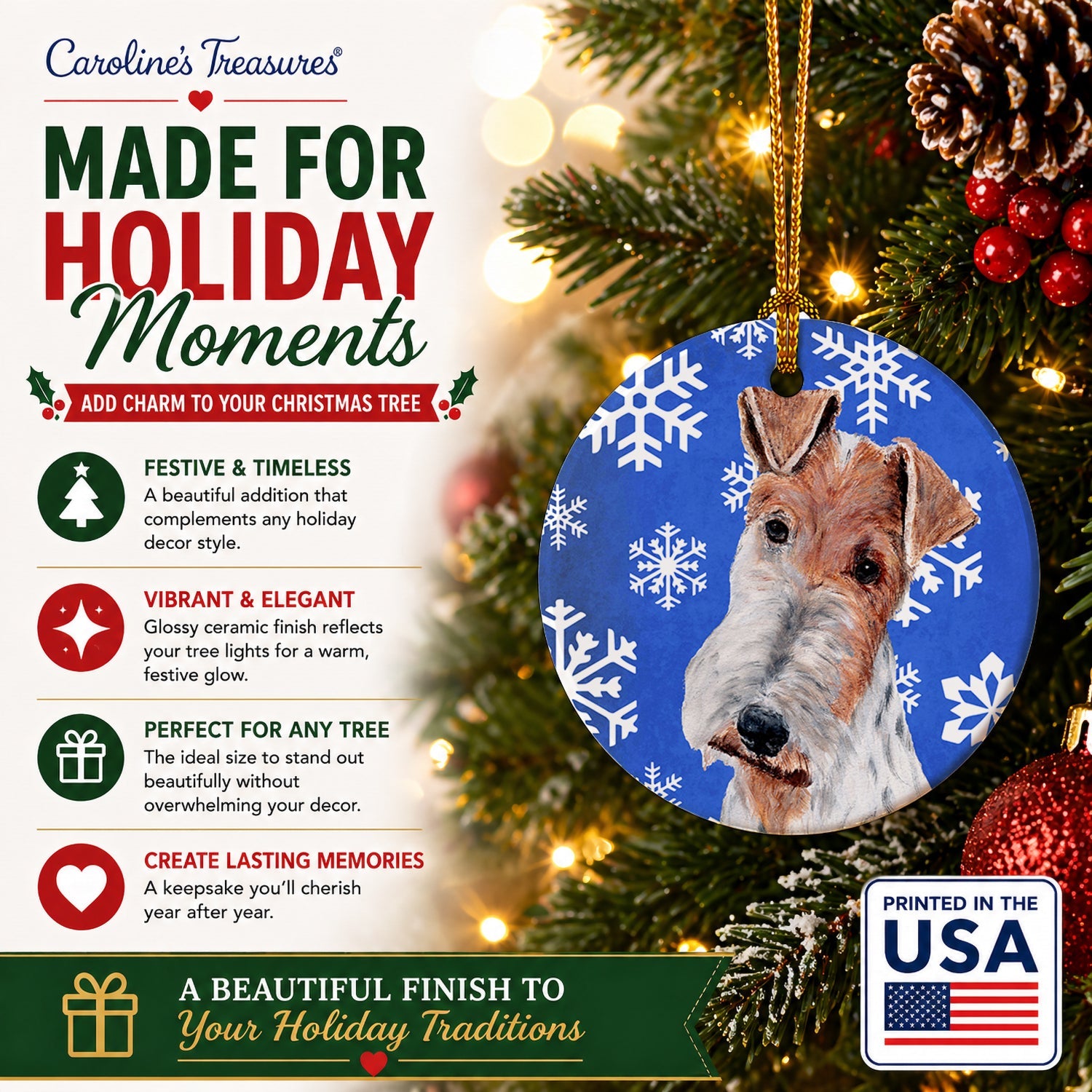 Wire Fox Terrier Winter Snowflakes Ceramic Ornament Christmas Tree Hanging Decorations for Home Christmas Holiday, Party, Gift, 3 in, Multicolor