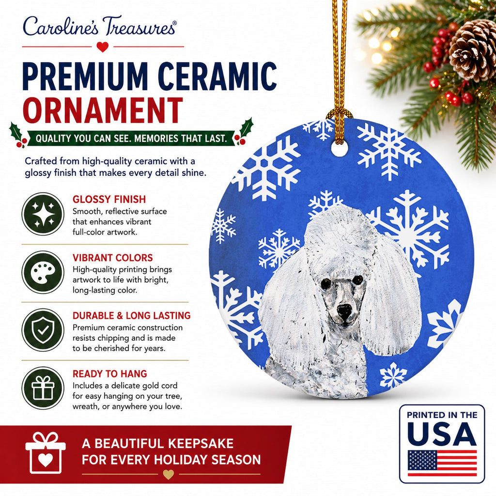White Toy Poodle Winter Snowflakes Ceramic Ornament Christmas Tree Hanging Decorations for Home Christmas Holiday, Party, Gift, 3 in, Multicolor