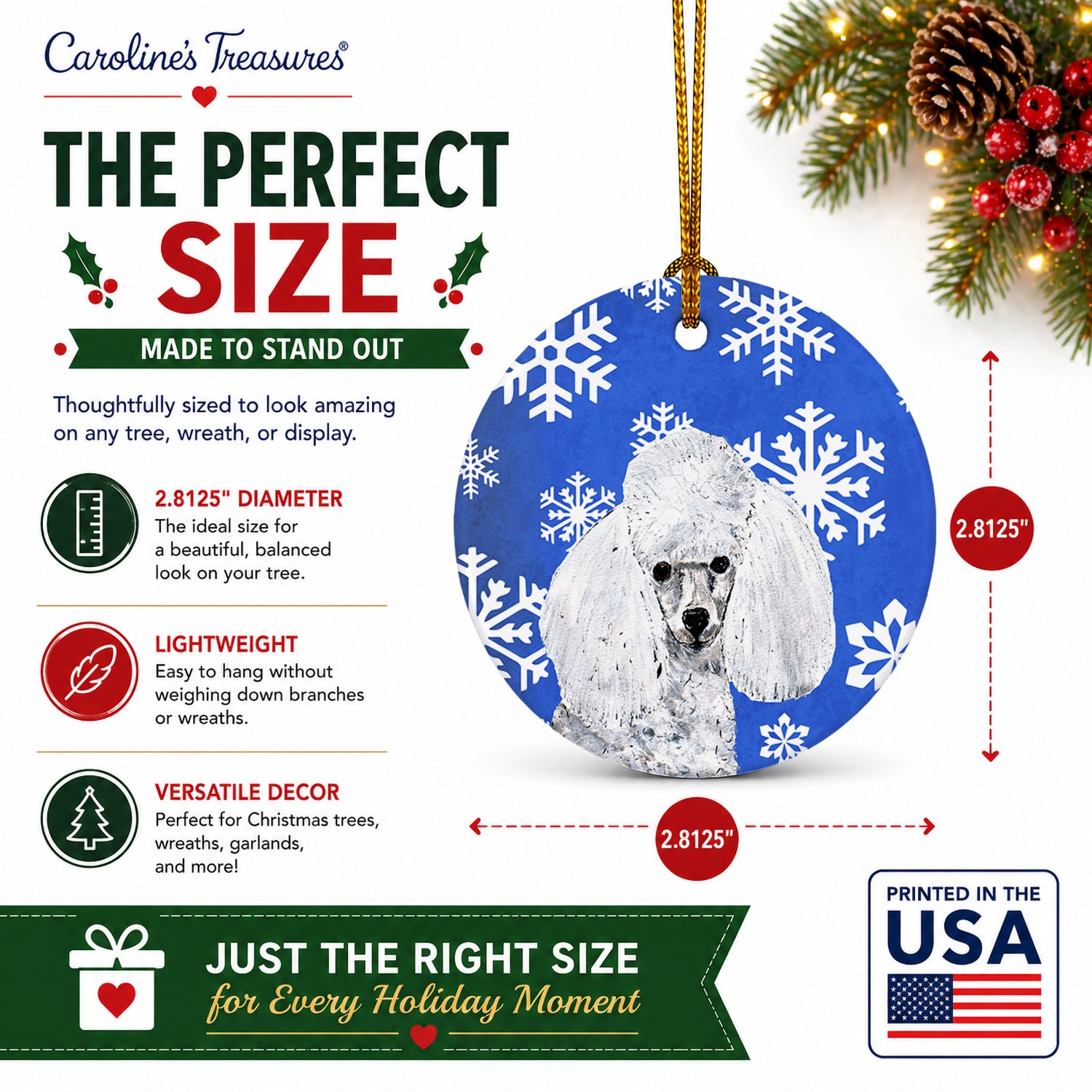 White Toy Poodle Winter Snowflakes Ceramic Ornament Christmas Tree Hanging Decorations for Home Christmas Holiday, Party, Gift, 3 in, Multicolor