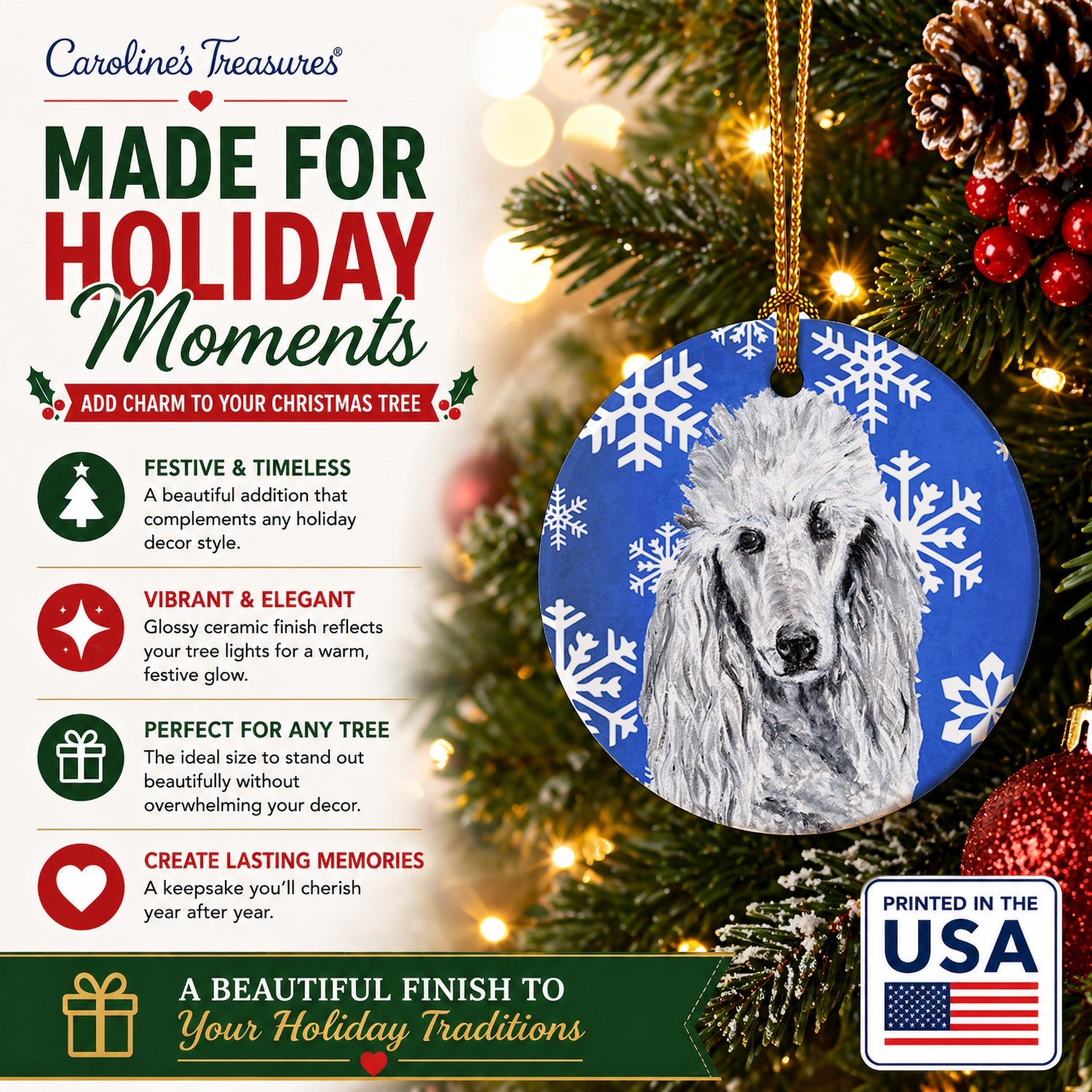 White Standard Poodle Winter Snowflakes Ceramic Ornament Christmas Tree Hanging Decorations for Home Christmas Holiday, Party, Gift, 3 in, Multicolor