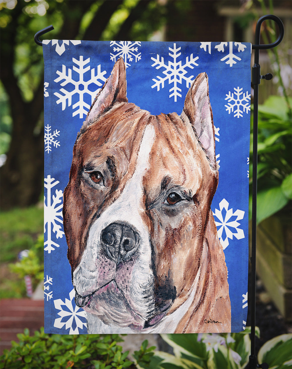 Staffordshire Bull Terrier Staffie Winter Snowflakes Garden Flag Mailbox Decorative Yard Banner Outside Patio Artwork for Flower Beds, Garden Size, Multicolor