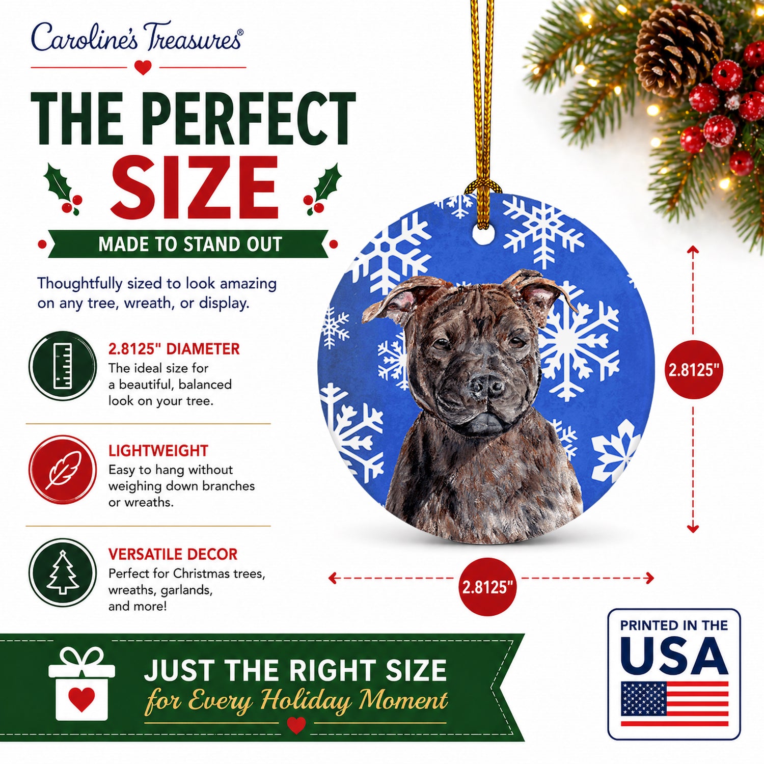 Staffordshire Bull Terrier Staffie Winter Snowflakes Ceramic Ornament Christmas Tree Hanging Decorations for Home Christmas Holiday, Party, Gift, 3 in, Multicolor
