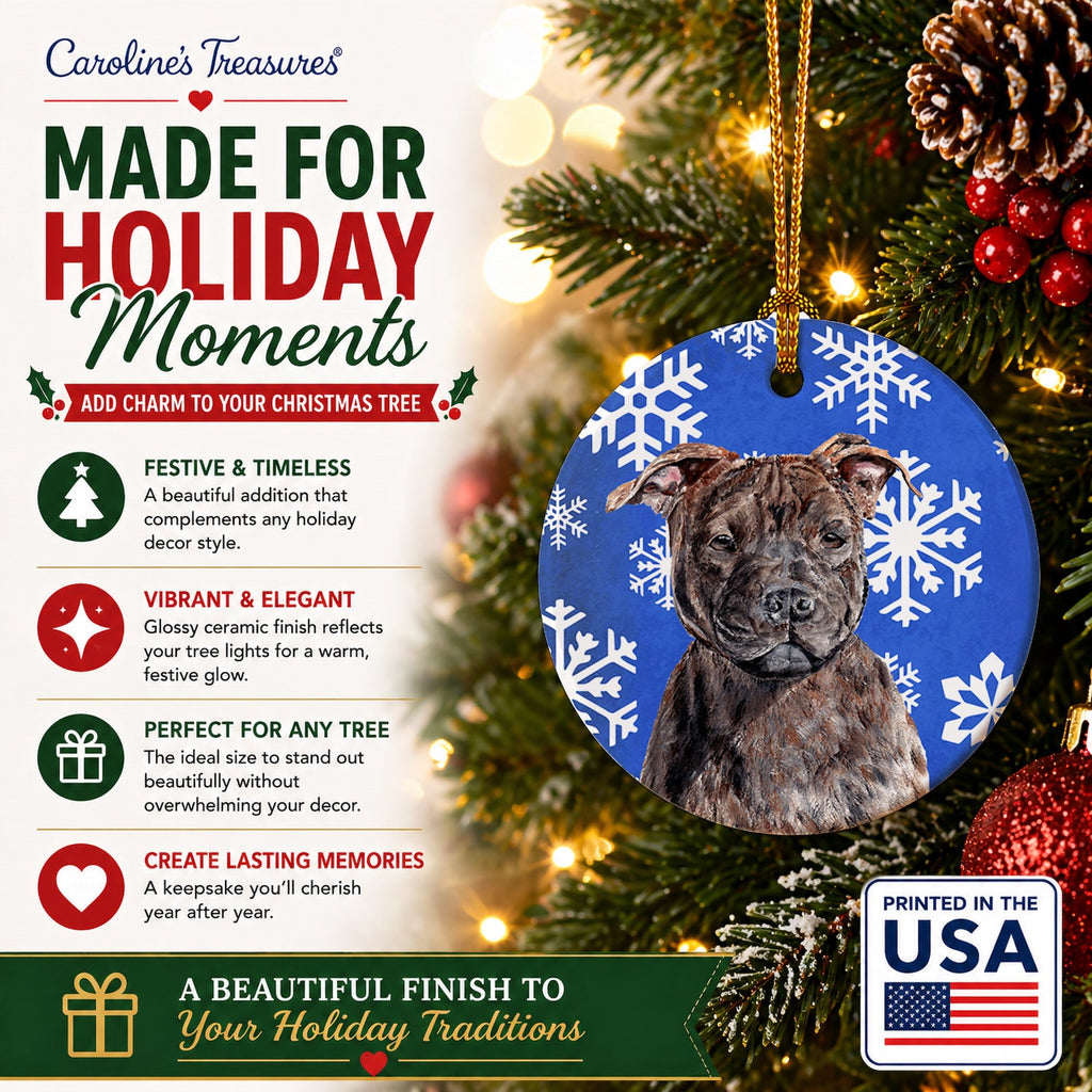 Staffordshire Bull Terrier Staffie Winter Snowflakes Ceramic Ornament Christmas Tree Hanging Decorations for Home Christmas Holiday, Party, Gift, 3 in, Multicolor